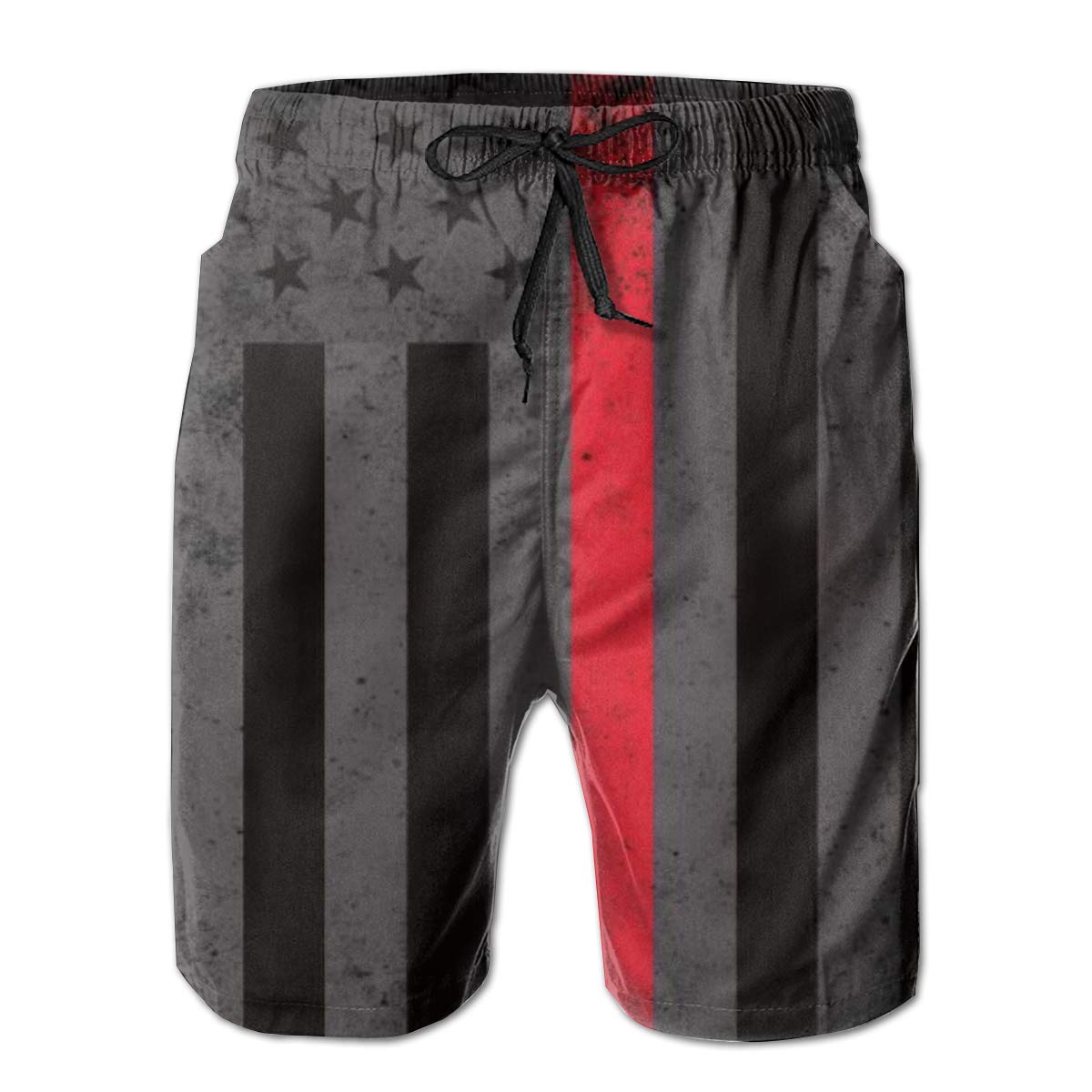 NiYoung Men's Big & Tall Breathable Swim Trunks - Quick Dry Board Shorts with Elastic Waist & Drawstring | American Fire Fighter Thin Red Line Flag Design | Perfect for Beach, Pool, Gym & Water Sports