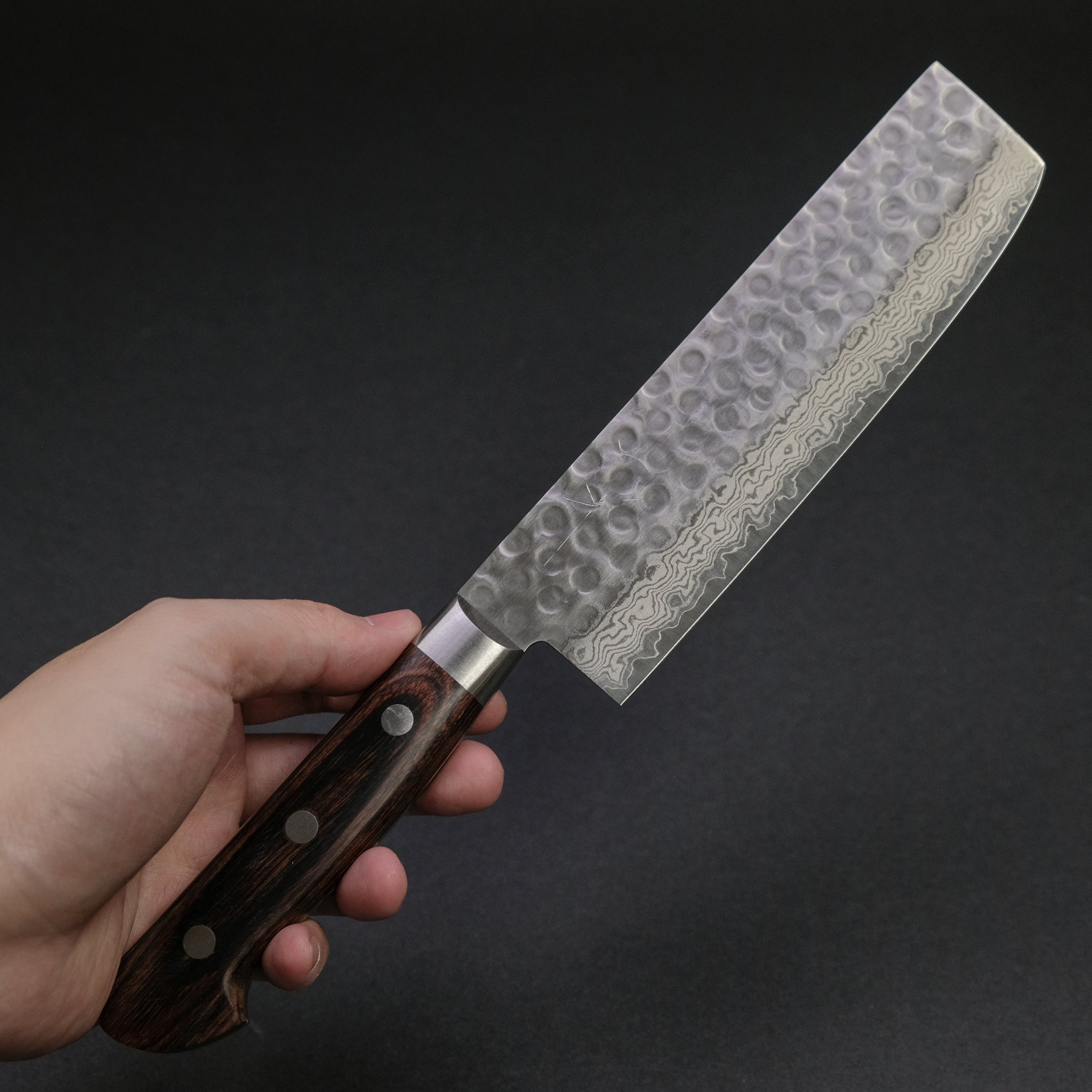 Hitohira HG Tsuchime Damascus Nakiri Knife 160mm - Handcrafted Japanese Kitchen Knife with Imitation Mahogany Handle - Perfect for Slicing Vegetables, Herbs & Sushi Preparation