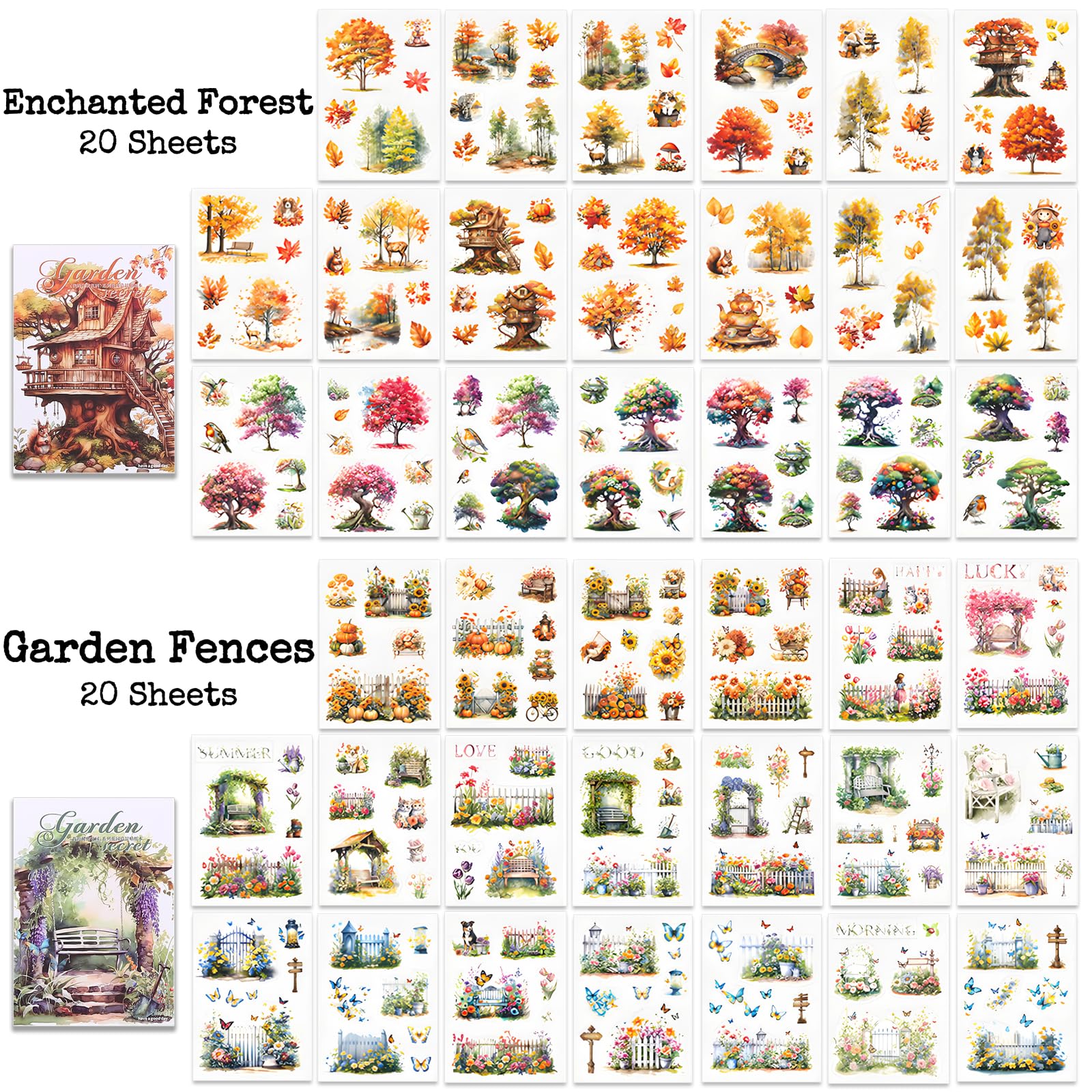 490+ Pieces Knaid Scenery Sticker Set - 4 Pack Sticker Books with Blooming Windows, Garden Houses, Enchanted Forest & Garden Fences for Scrapbooking, Bullet Journals, Planners & DIY Crafts - Perfect for Journal Decoration, Memory Books & Creative Projects
