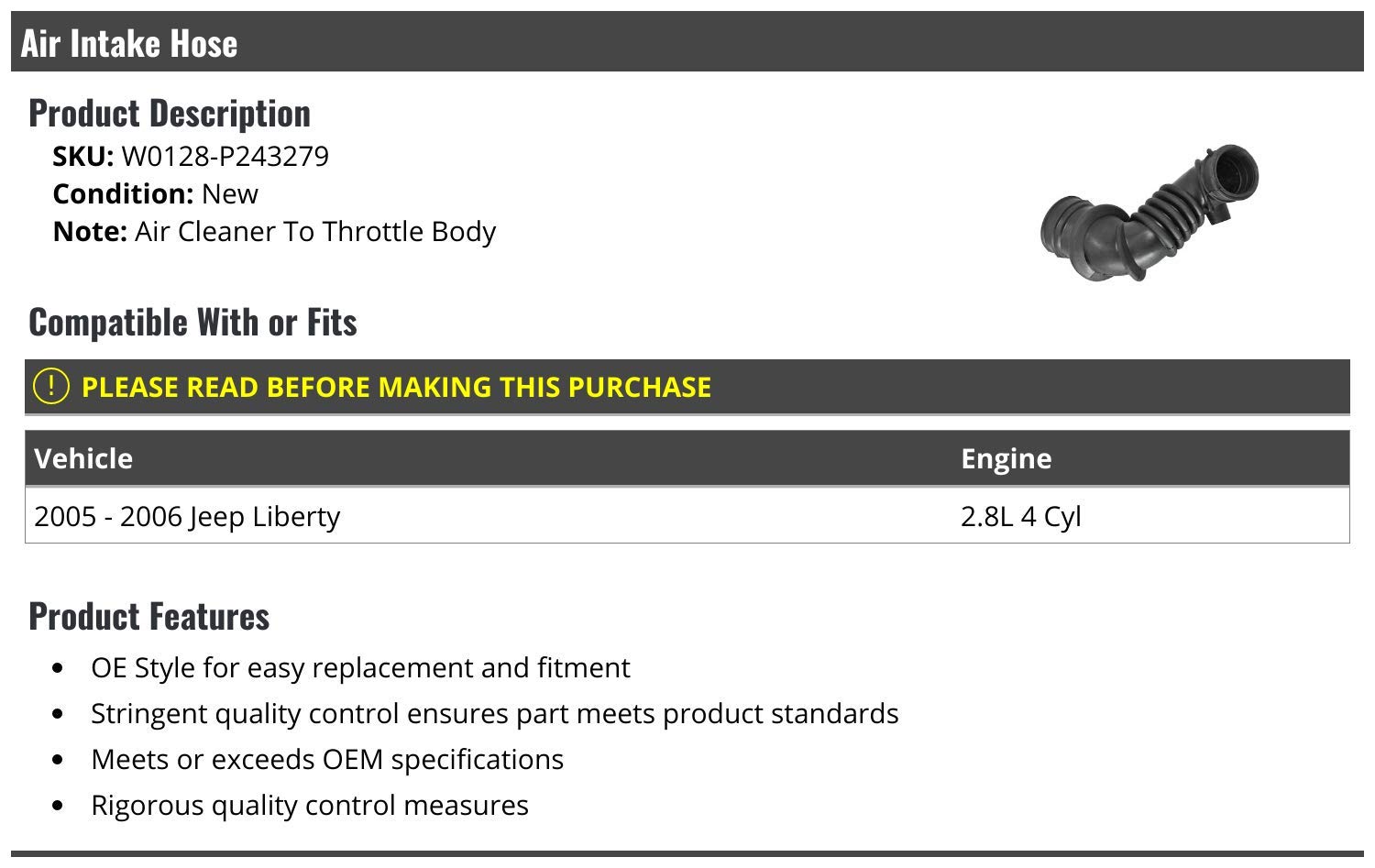 High-Performance Air Intake Hose for 2005-2006 Jeep Liberty 2.8L 4-Cylinder - Direct Replacement from Air Cleaner to Throttle Body - Improves Engine Airflow & Performance - Ideal for Off-Roading & Daily Driving