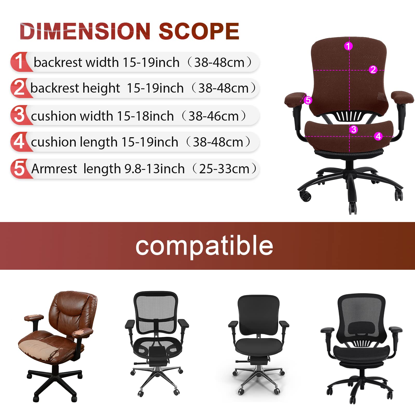 Tallew 4-Piece Office Chair Cover Set - Universal Stretchable Computer Chair Covers with Seat, Armrest & Backrest Pads - Dark Brown Polyester Slipcovers for Home & Office Workspace (Ergonomic Support & Protection)