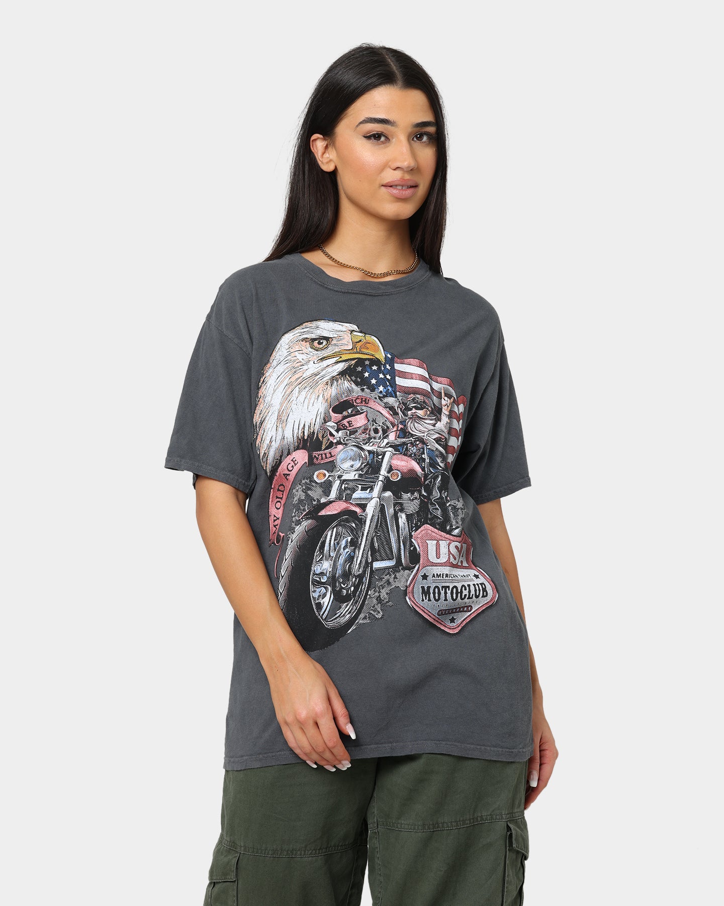 Vintage American Thrift Eagle Moto Club Graphic T-Shirt - Distressed Black Cotton Tee for Motorcycle Riders & Biker Enthusiasts | Casual Streetwear & Club Events