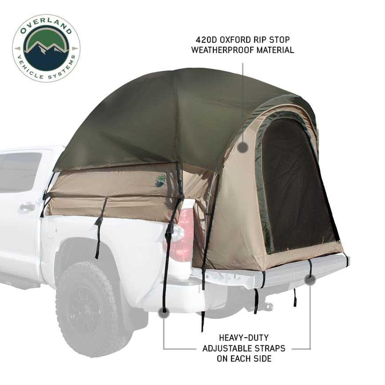 Overland Vehicle Systems LD TACT Truck Bed Tent - Waterproof Camping Tent for Pickup Trucks with Tan Body & Green Rainfly - Perfect for Outdoor Adventures, Road Trips, and Off-Grid Camping