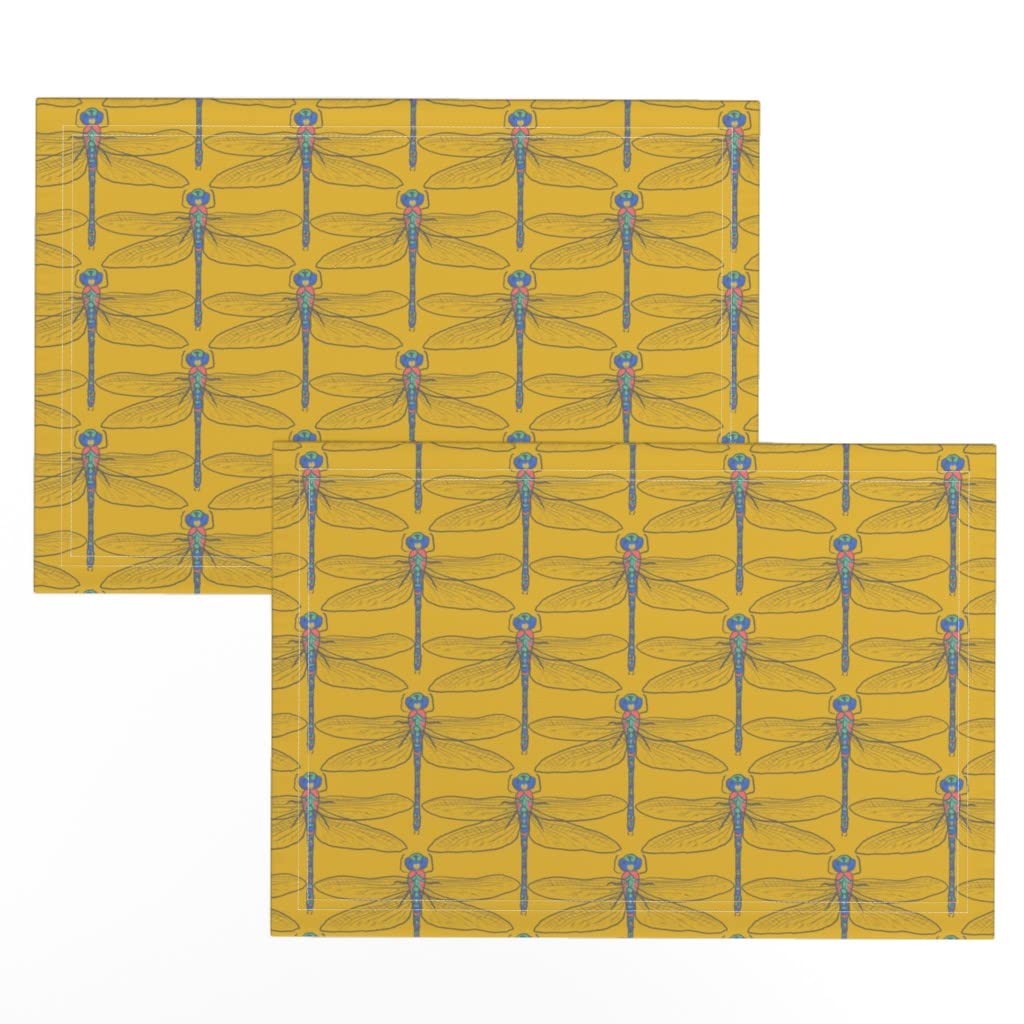 Premium Linen Cotton Canvas Placemats Set of 2 - Dragonfly Gold Insect Design, Mustard & Blue Entomology Print Table Mats for Dining, Kitchen Decor, and Party Settings