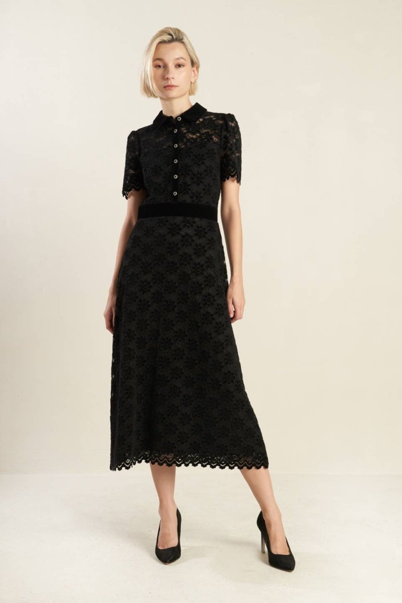 Elegant BOLD SYMPHONY Woven Lace Midi Dress for Women | Floral Pattern Formal Occasion Outfit | Perfect for Weddings, Parties & Special Events