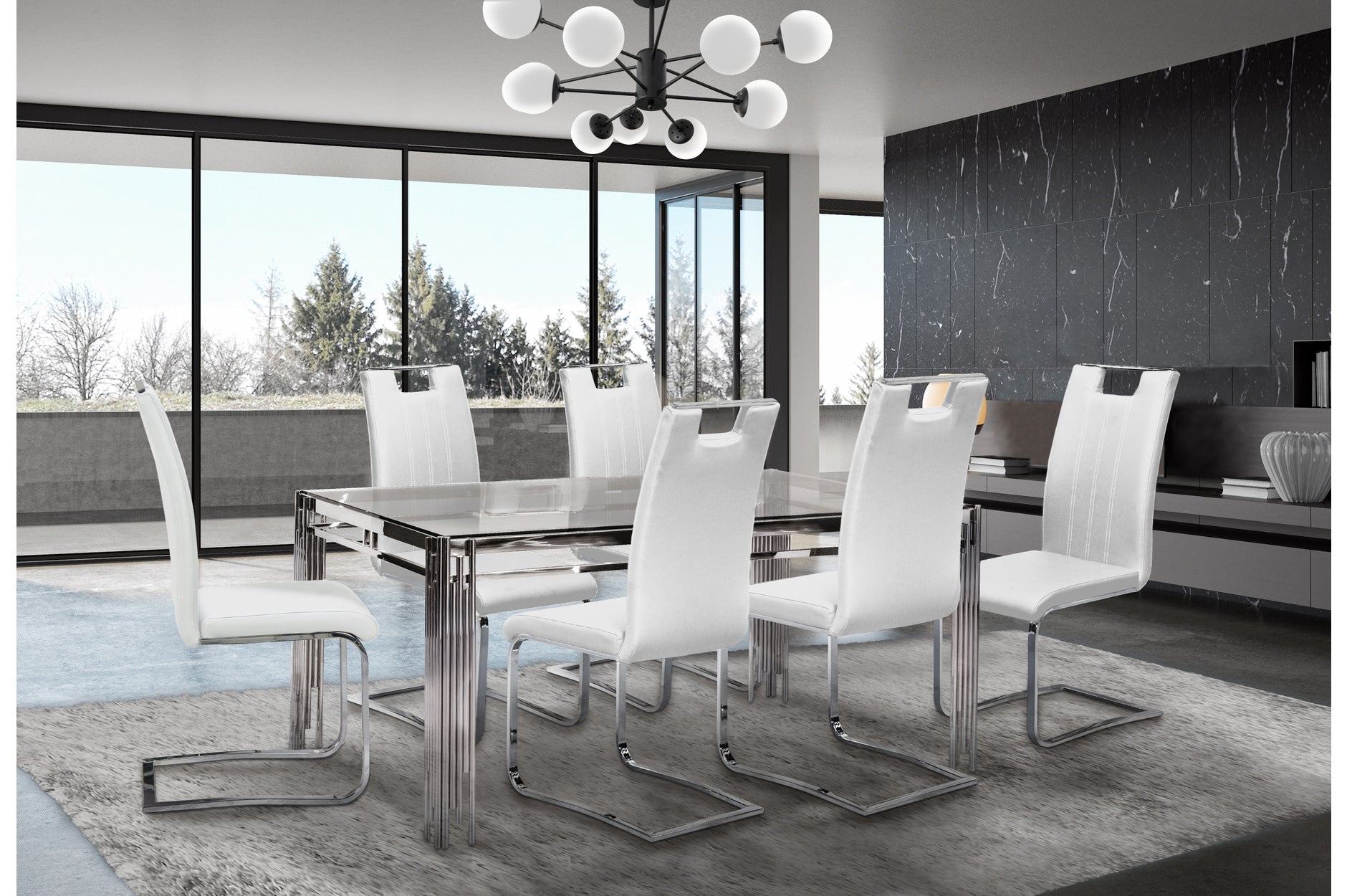 7-Piece Porfirio Dining Set with White Leather Zane Chairs - Elegant Modern Dining Room Furniture for Home & Entertaining