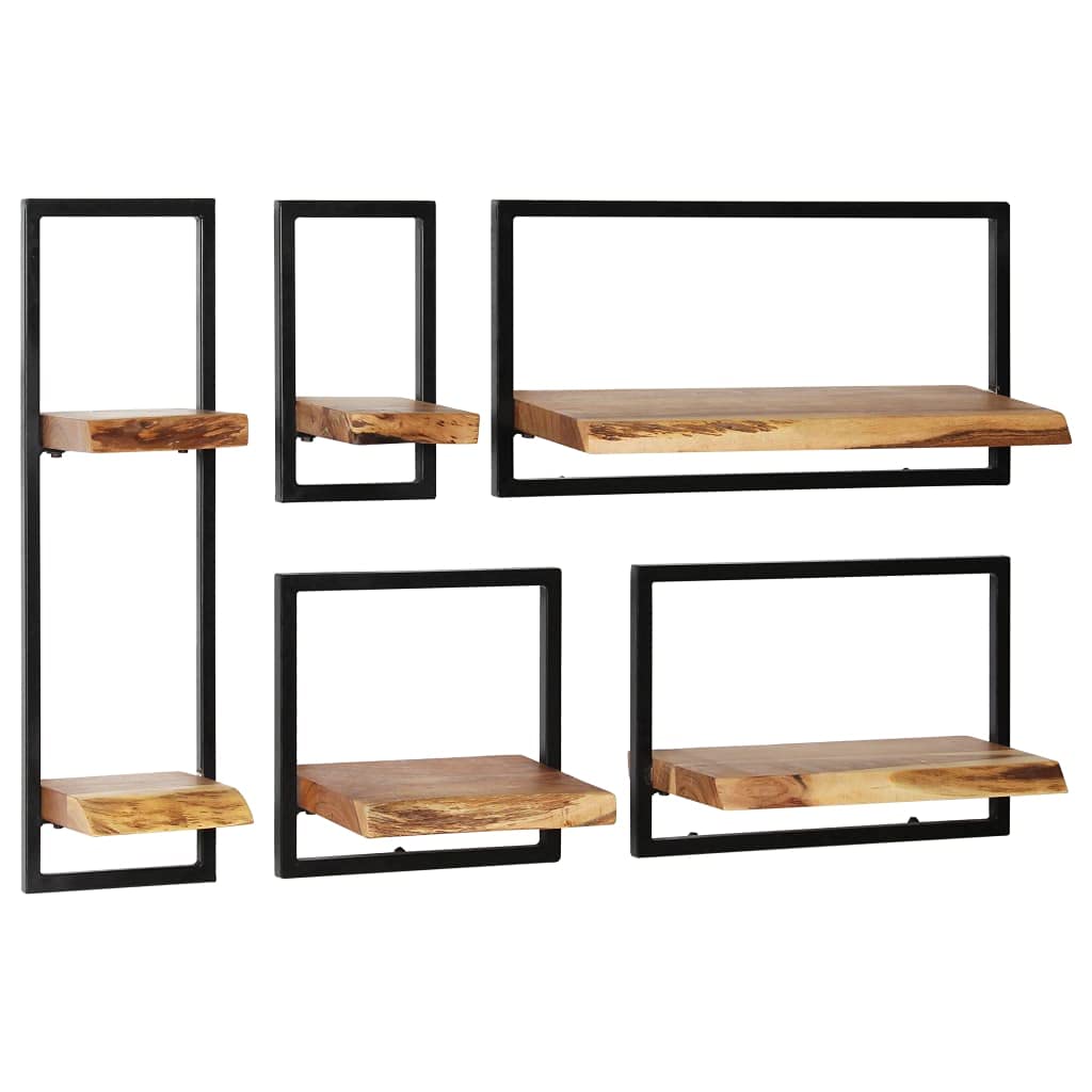 5-Piece Wall Shelf Set - Solid Acacia Wood & Steel Floating Shelves - Perfect for Living Room, Bedroom, Kitchen Storage & Display Decor