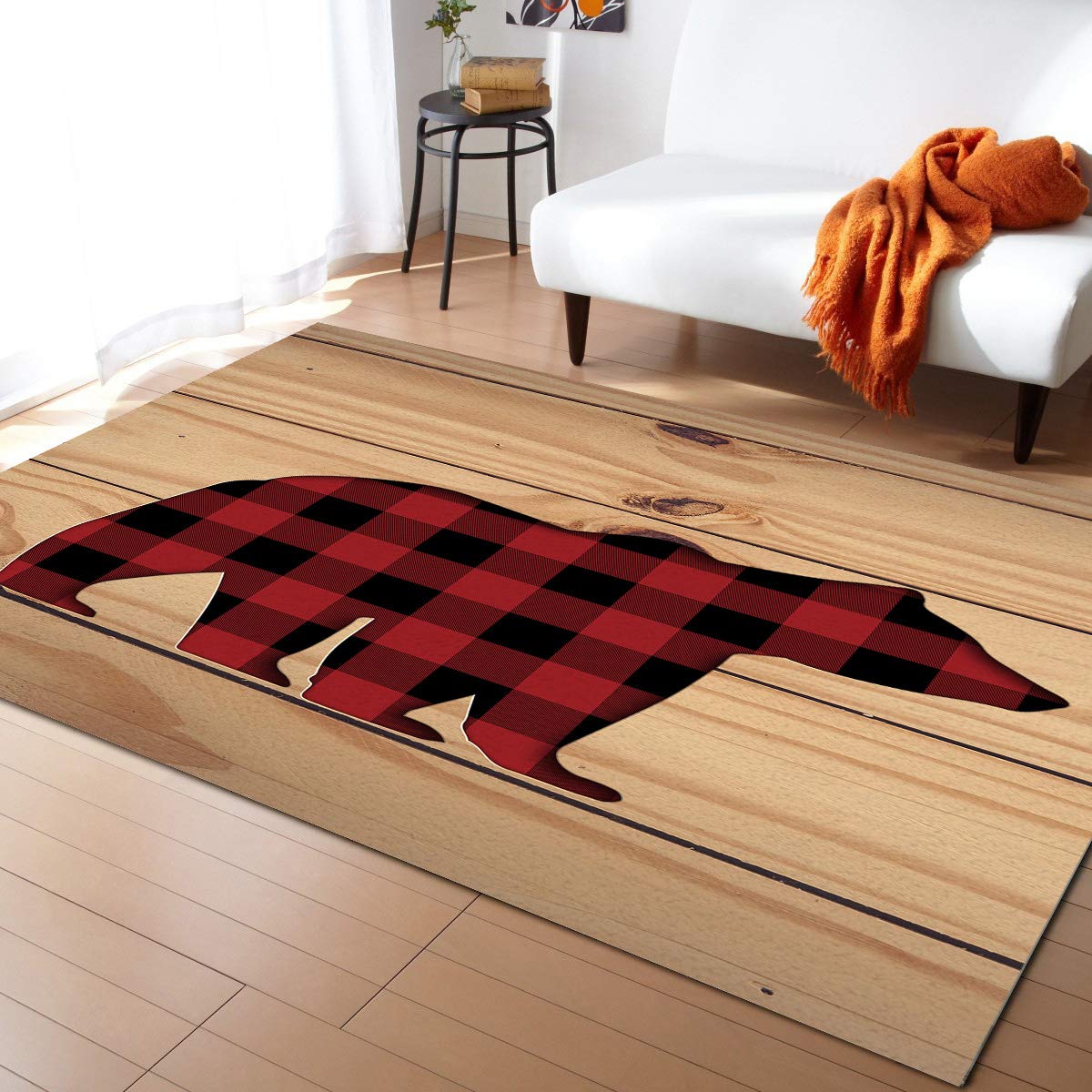 Non-Slip Buffalo Check Plaid Bear Print Area Rug - 5'x8' Contemporary Indoor Floor Mat with Rubber Backing, Fade-Proof & Washable - Perfect for Living Room, Bedroom, Nursery & Home Office Decor