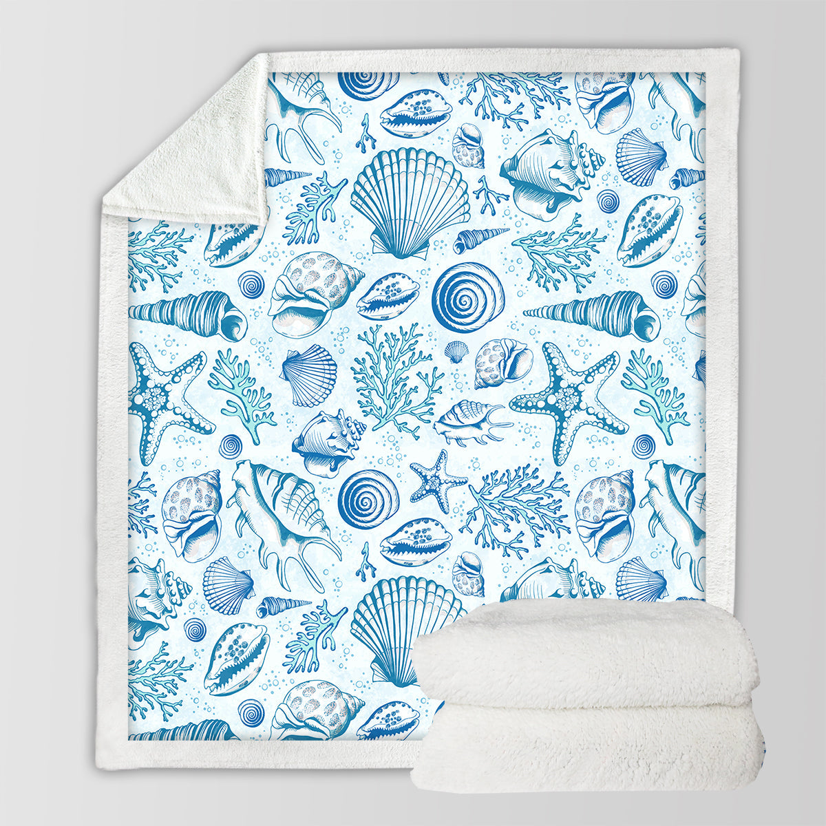 Blue Seashells Bedspread Blanket - Soft Coastal Beach Themed Throw for Bed, Sofa & Decor | Perfect for Beach House, Guest Room & Coastal Style Bedding