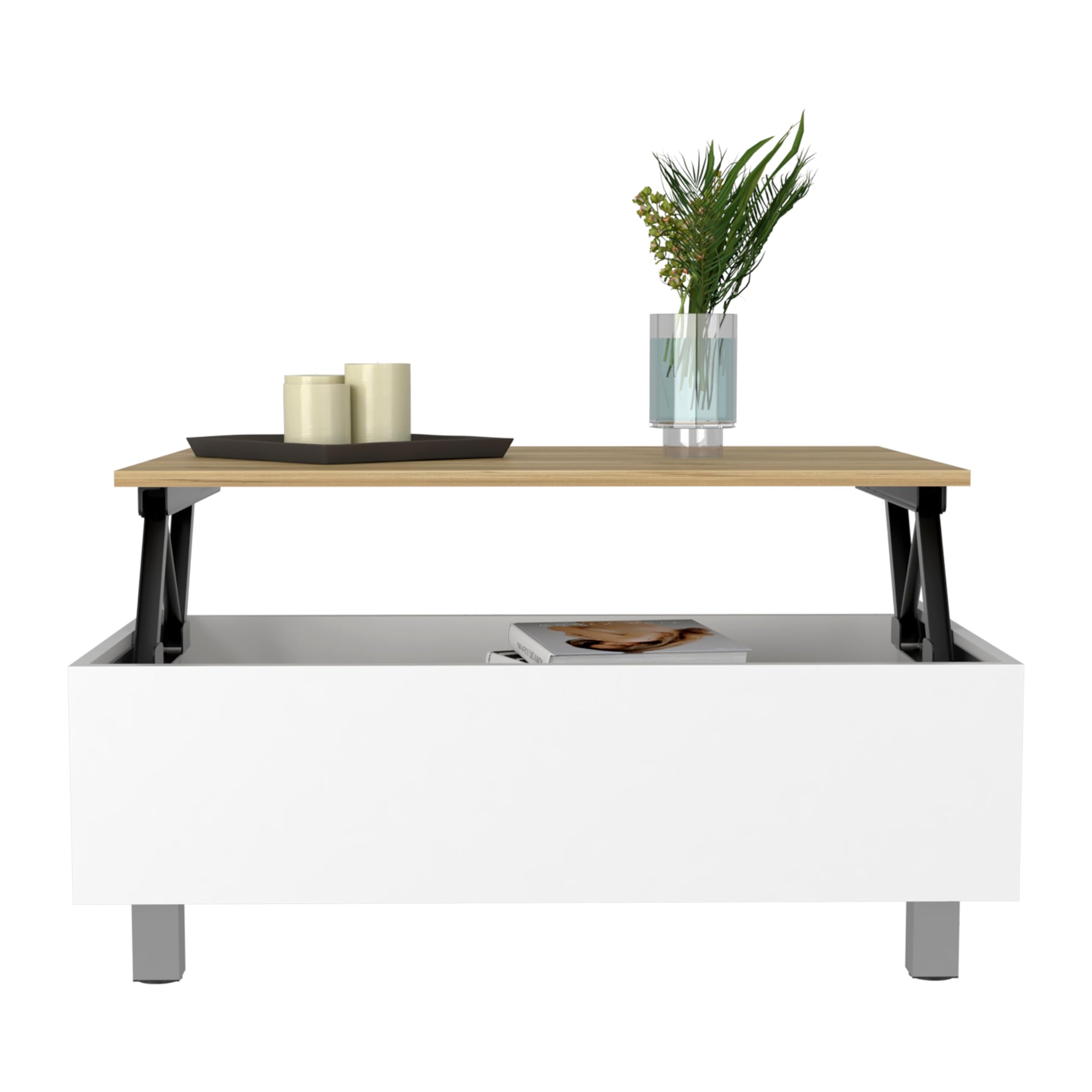 Tuhome Gambia Lift Top Coffee Table with Storage, 4-Leg Design in White & Light Oak - Perfect for Living Room, Office, and Small Spaces