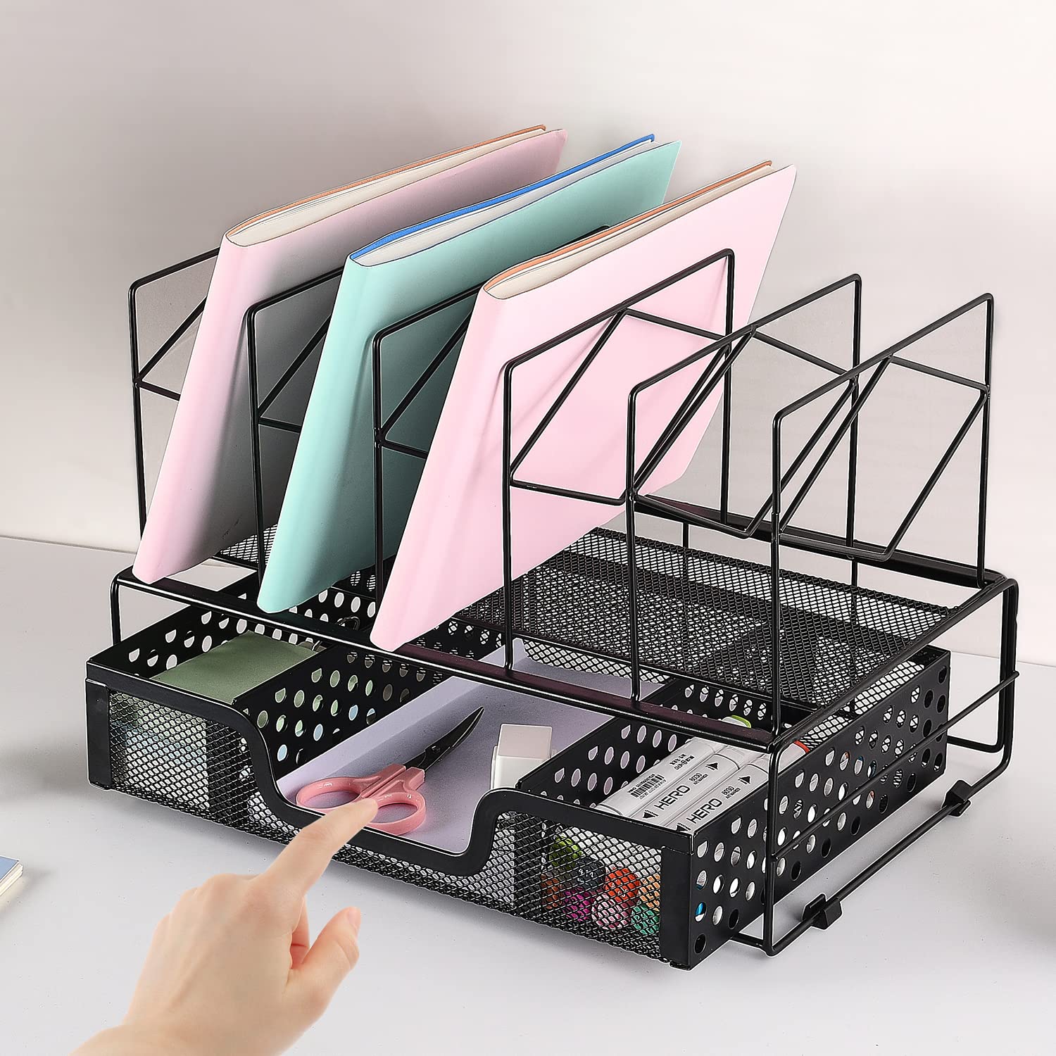 Gianotter Black Desk Organizer with Sliding Drawer - 5 Upright Section File Sorter for Office Supplies | Perfect for Home Office, Workspace, and School Desk Organization