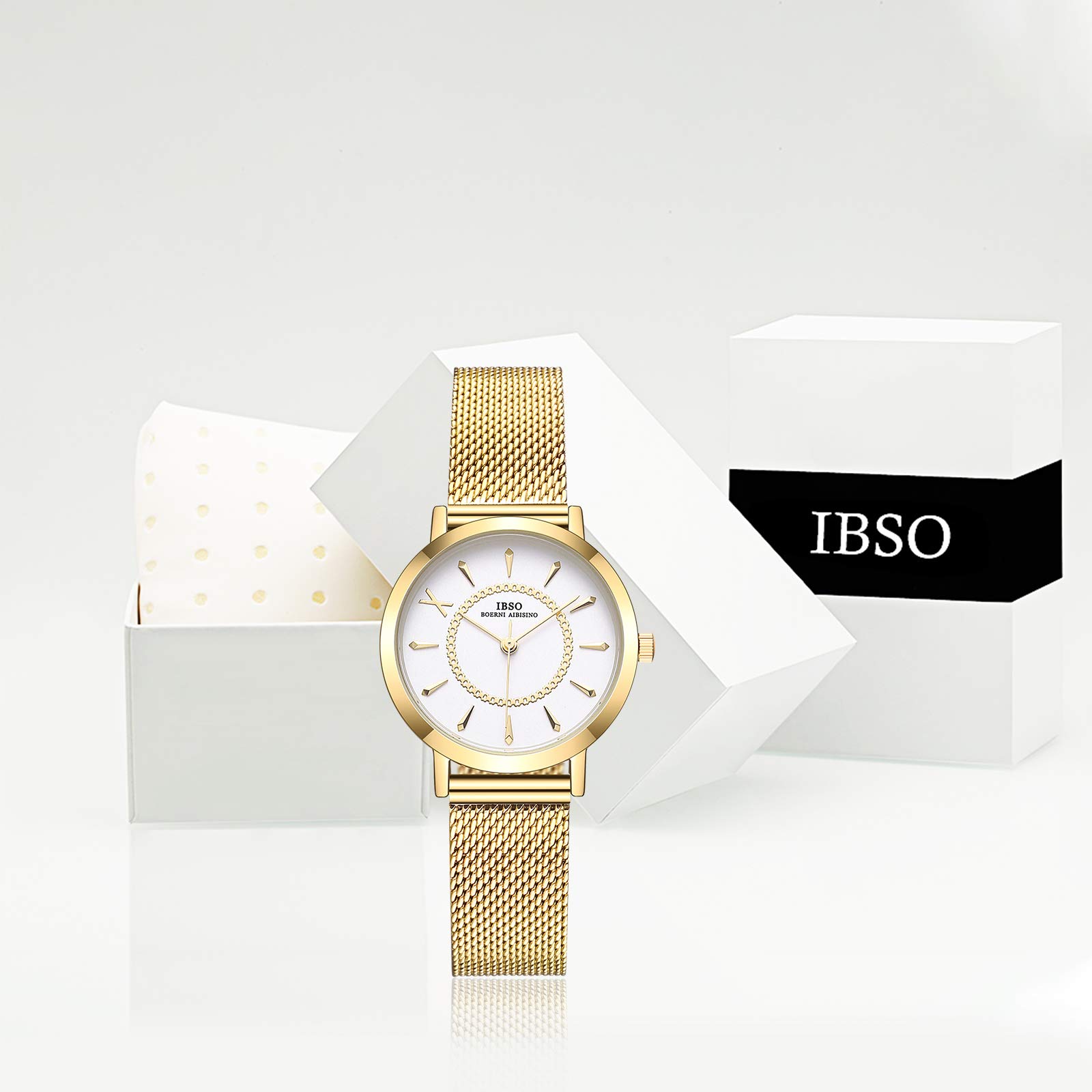 IBSO Women's Stainless Steel Mesh Band Watch - Gold Quartz Wristwatch with Waterproof Design for Everyday Wear & Fashion Accessories | Perfect for Office, Dating & Special Occasions
