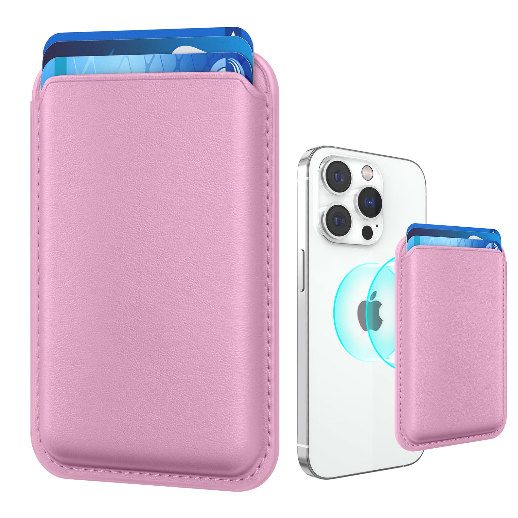 Magnetic Wallet for iPhone 15/14/13/12 Pro/Max - RFID Blocking Leather Card Holder with Strong MagSafe Sticker - Pink | Slim Phone Case Accessory for Everyday Carry, Travel & Contactless Payments