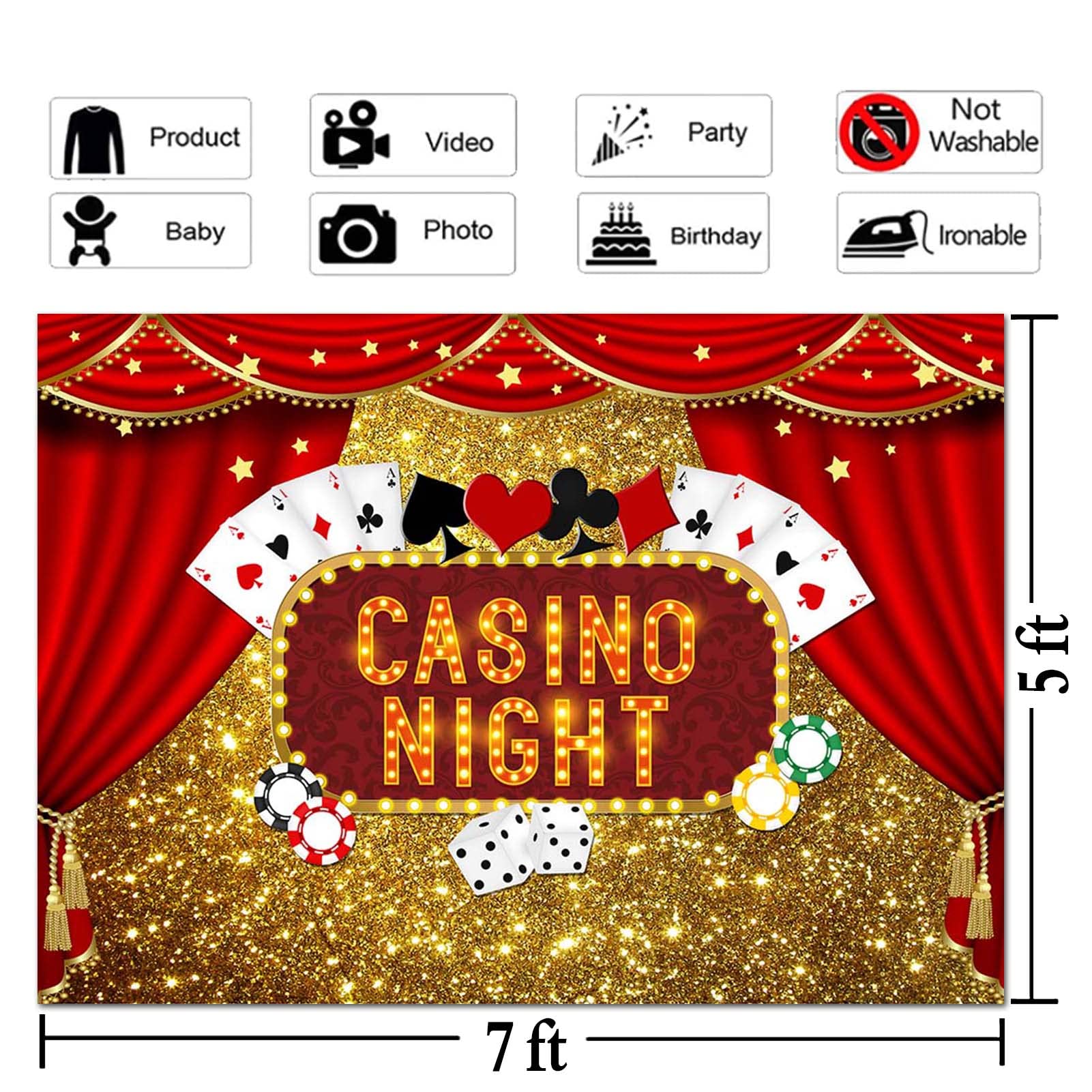 Las Vegas Gold Glitter Bokeh Photography Backdrop 7x5ft - Casino Night Poker Dice Red Curtain Photo Background for Birthday Parties, Prom, Studio Shoots & Dessert Table Decor | Polyester Party Banner & Booth Props