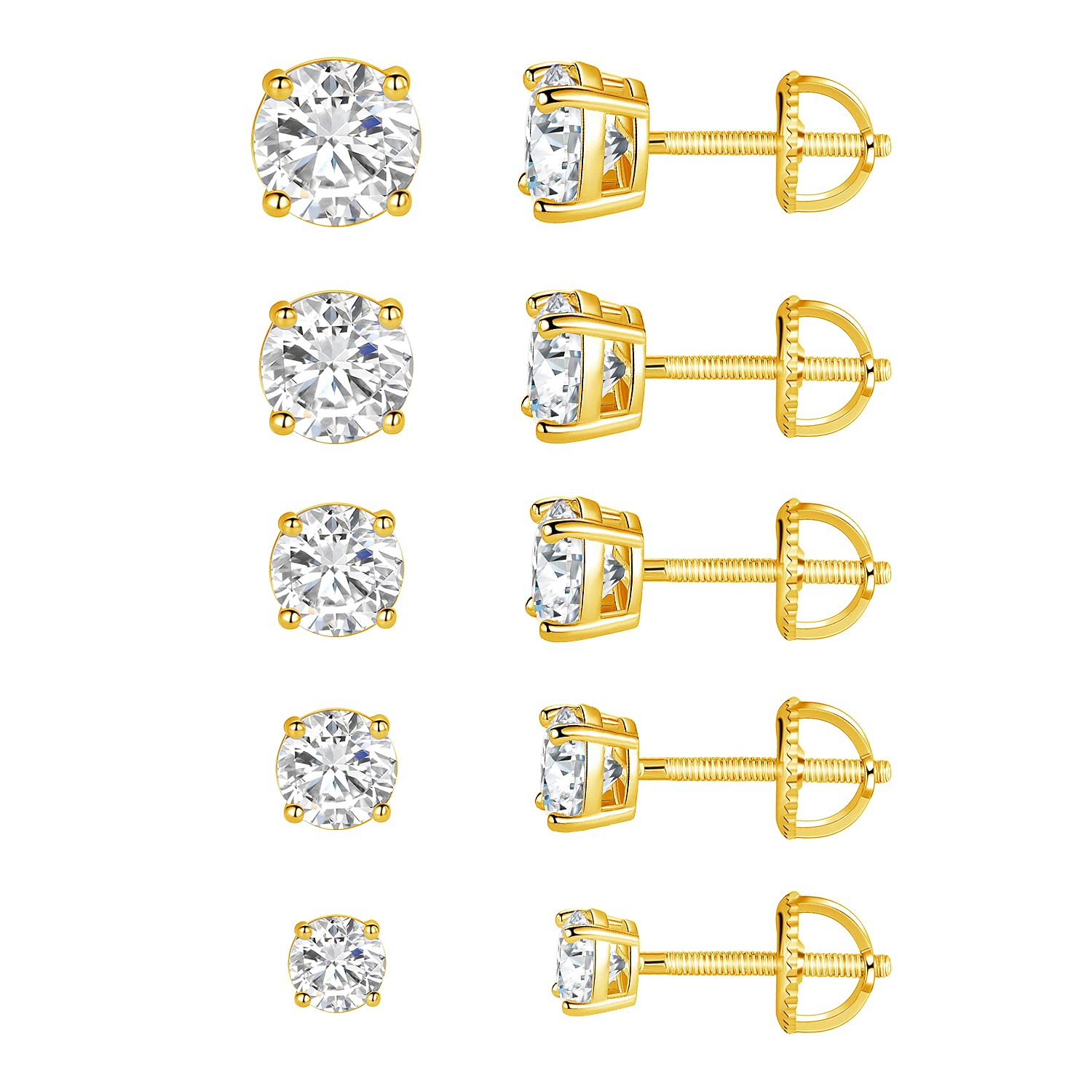 18K White Gold Plated Round Cubic Zirconia Stud Earrings - 4 Prong Screw Back Design (Pack of 5) | Perfect for Everyday Wear, Parties & Special Occasions