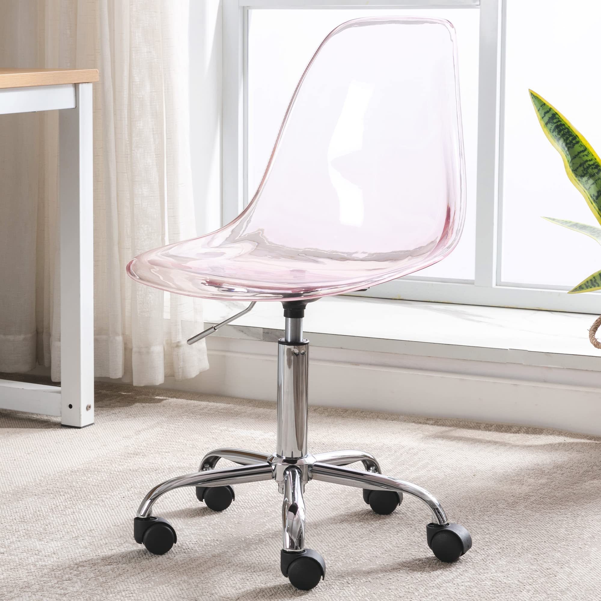 Modern Acrylic Clear Desk Chair - Adjustable Height Rolling Plastic Vanity Chair for Home Office, Small Cute Armless Ghost Chair with Wheels (Pink) - Perfect for Workspaces, Makeup Areas & Modern Decor