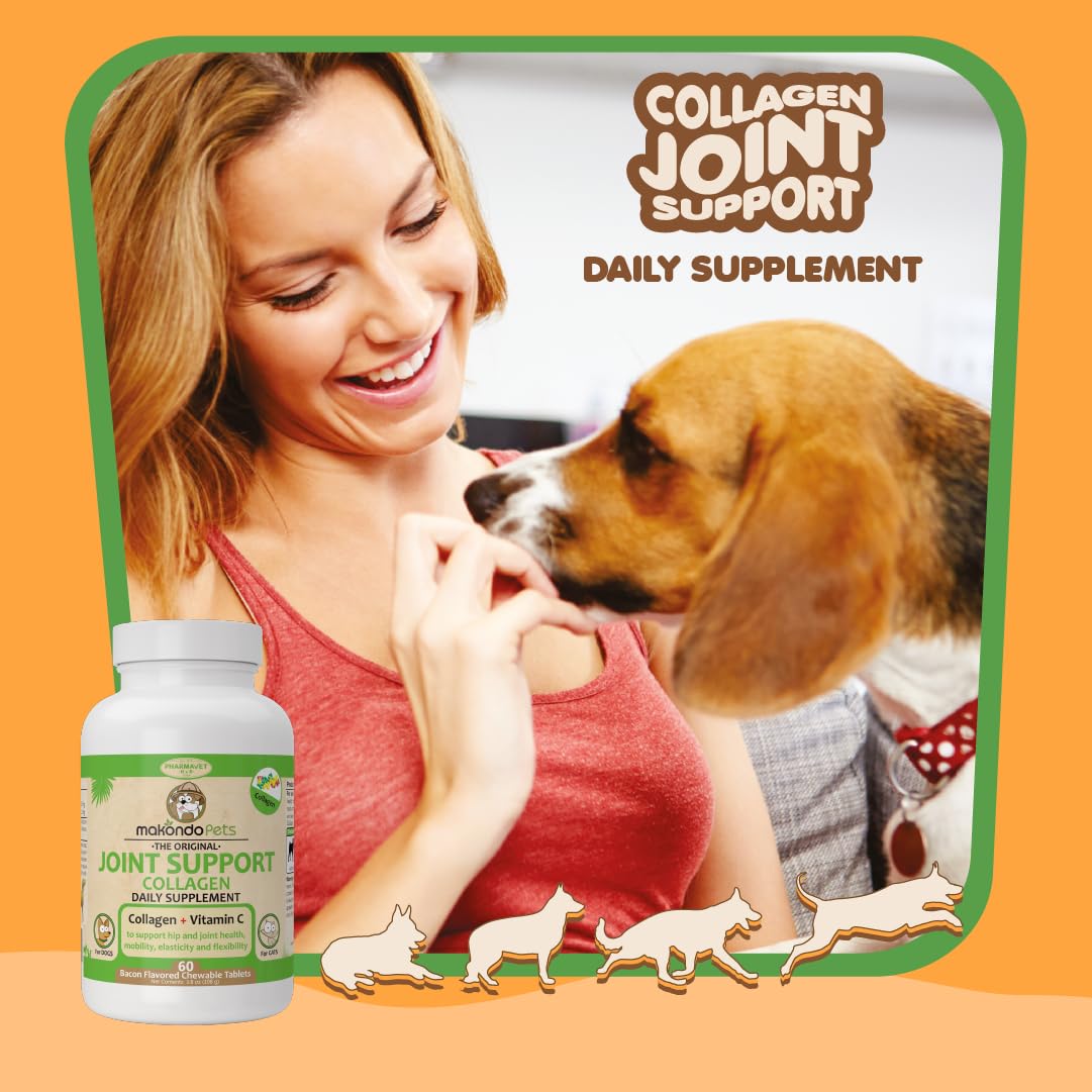 Premium Collagen Supplements for Dogs & Cats - Joint Health & Mobility Support with Vitamin C - Bacon Flavored Chewable Tablets (60 Count) - Ideal for Senior Pets & Active Animals