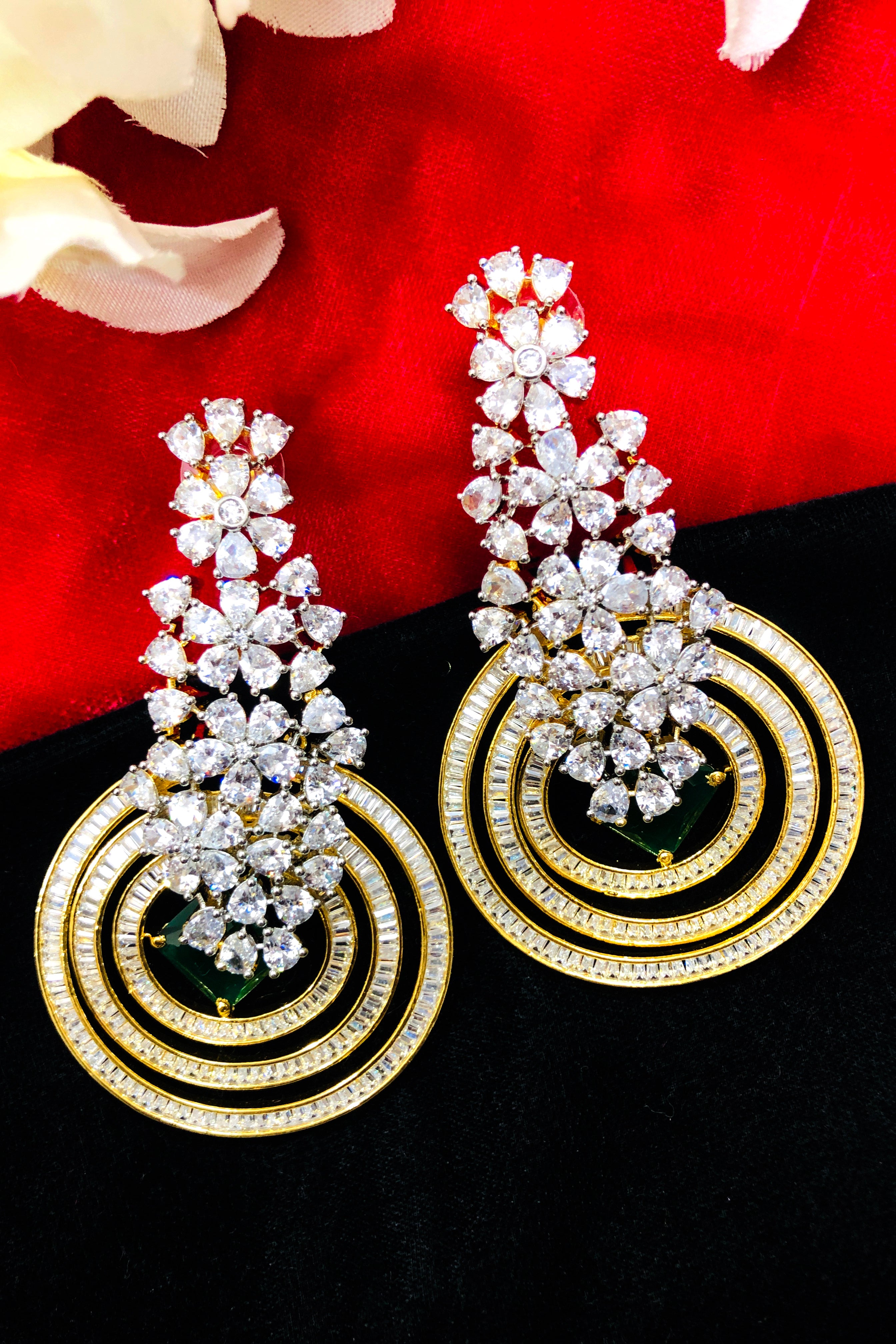Stylish Rhodium-Plated American Diamond Dangler Earrings with Green Stones (E763) - Perfect for Parties, Weddings & Evening Events