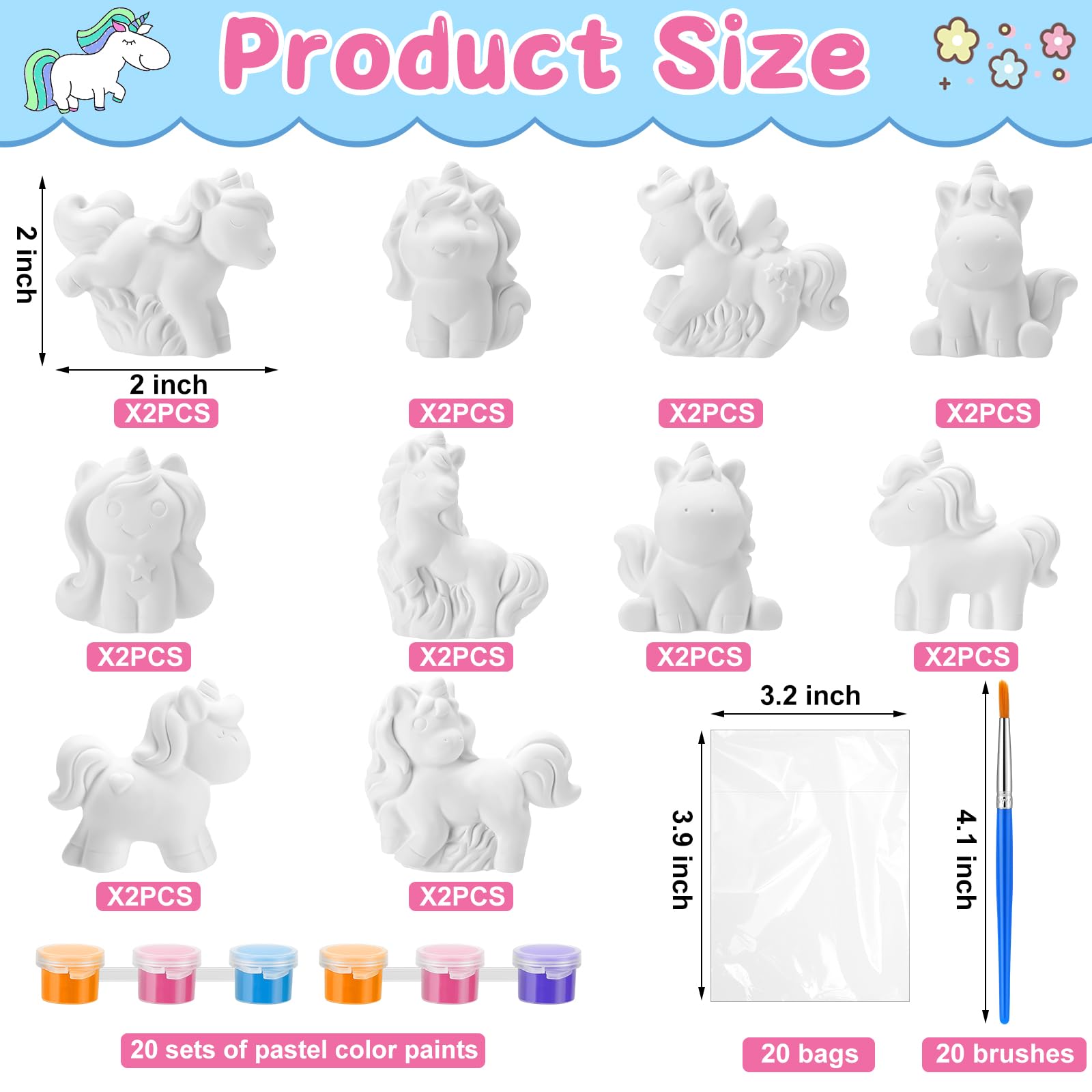 20-Piece Unicorn DIY Painting Kit - Ceramic Unicorn Statues to Paint with Brushes & Acrylic Paints - Unpainted Plaster Figurines for Kids, Boys, Girls & Adults - Perfect for Birthday Parties, Arts & Crafts, Home Decor & Gift Giving