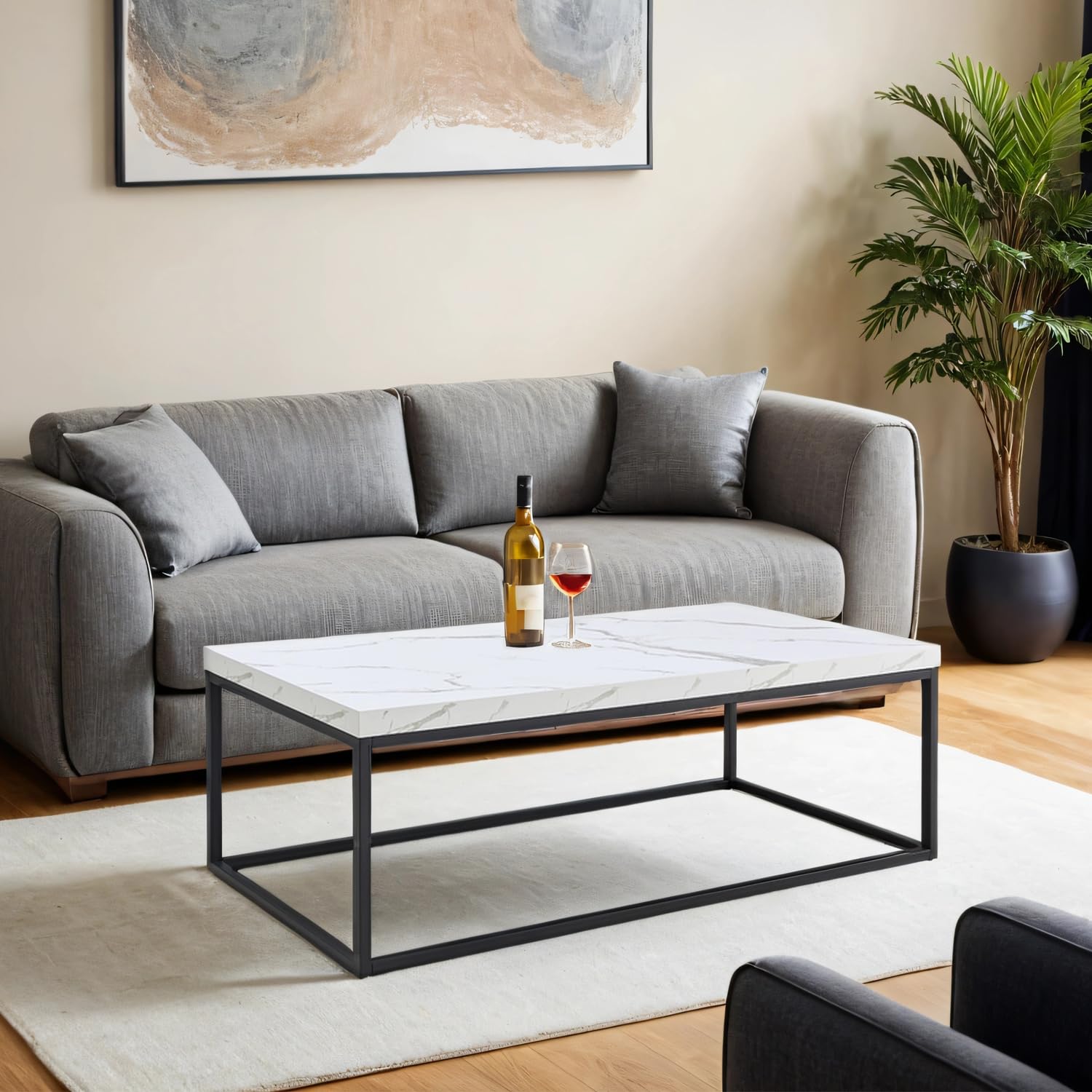 Modern Industrial CENSI 47-Inch Rectangle Marble Coffee Table Ottoman with Wood & Metal Base - White Marble Top for Living Room, Lounge & Office Decor