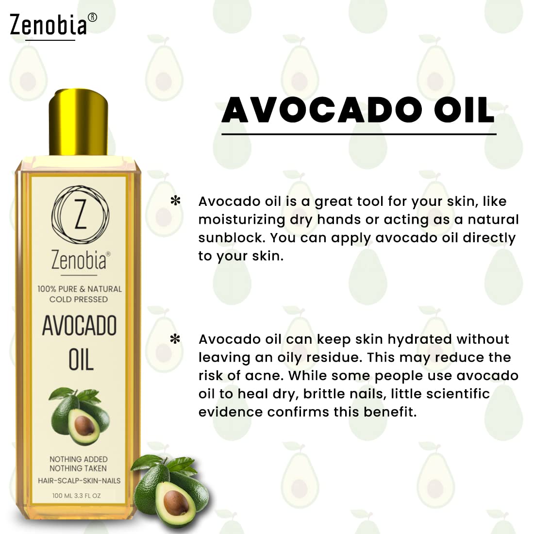 Zenobia 100% Pure Cold-Pressed Avocado Oil for Hair, Face & Skin Care - Natural Retinol & Vitamin E Moisturizer to Reduce Wrinkles & Promote Hair Growth - 100ml Bottle - Perfect for Daily Skincare Routine & Deep Conditioning Treatments