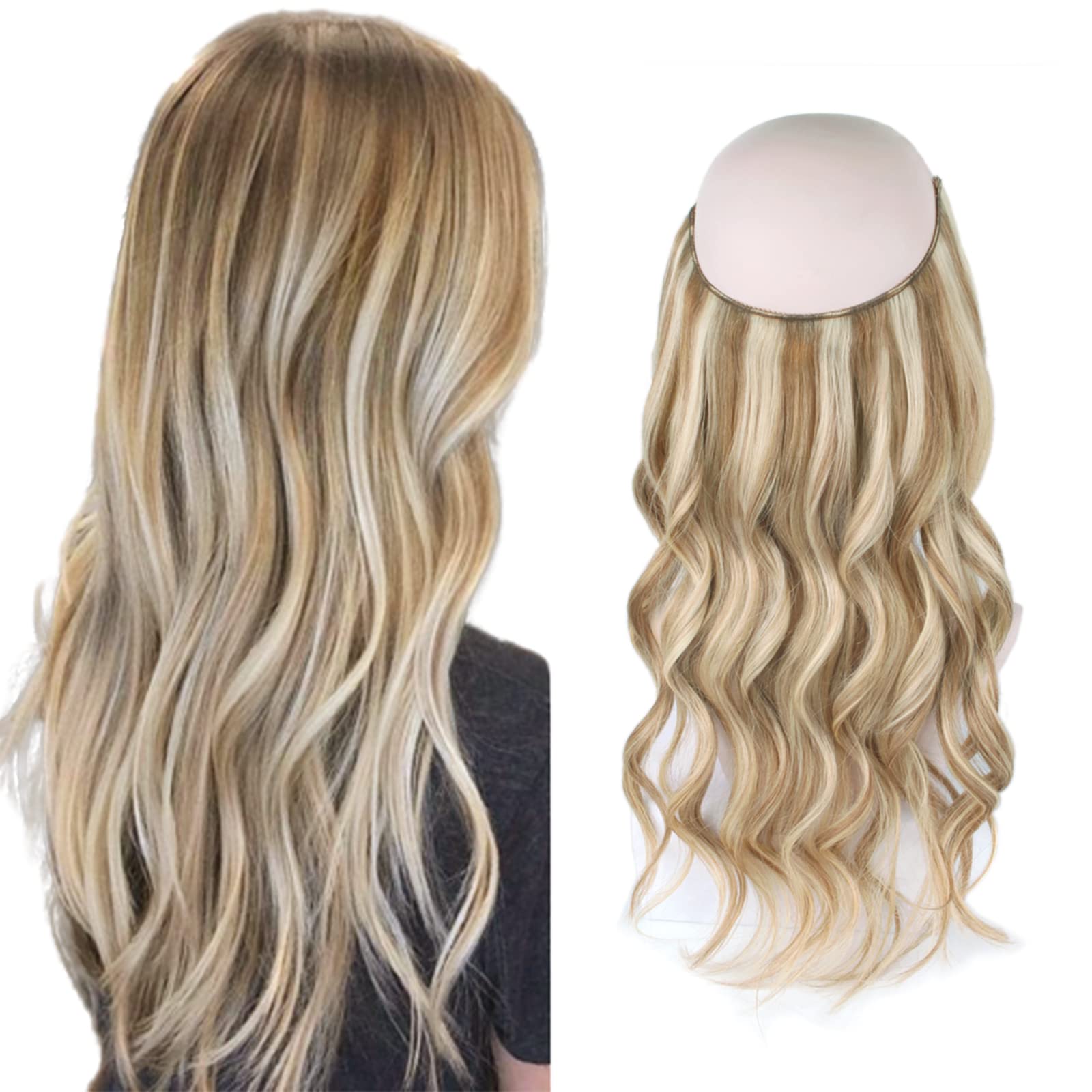Sassina Invisible Wire Hair Extensions - 100% Real Human Hair, Transparent Wire, Adjustable Size with Secure Clips, Natural Straight Hairpiece (16 Inch, 100g, #P8/60) - Perfect for Daily Wear, Parties & Special Occasions