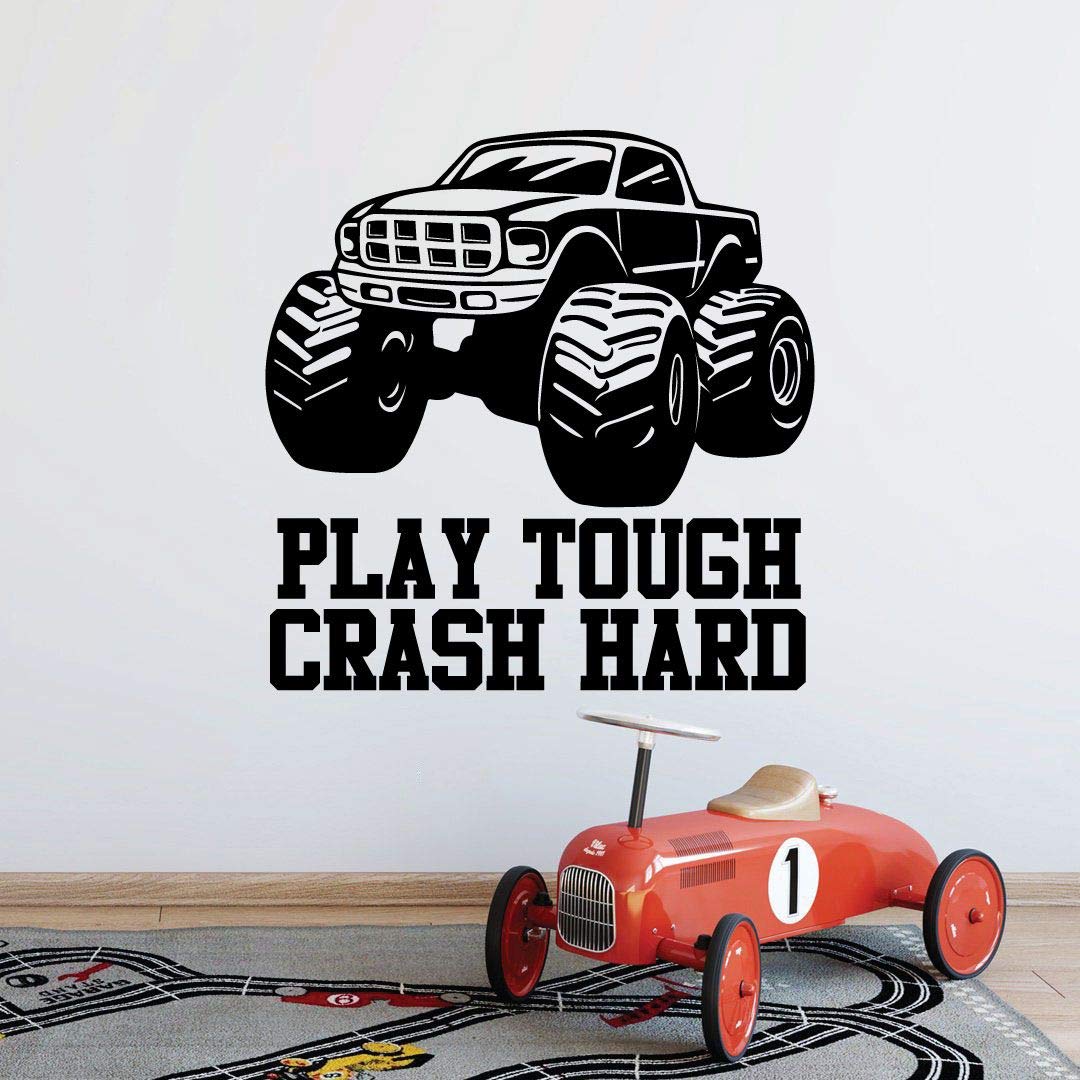 Monster Truck Wall Decals - 30x27 Inch Vinyl Stickers for Kids Room, Nursery, Bedroom & Kindergarten - Play Tough Crash Hard Toy Car Art Decor - Durable & Easy to Apply Wall Art for Boys & Girls