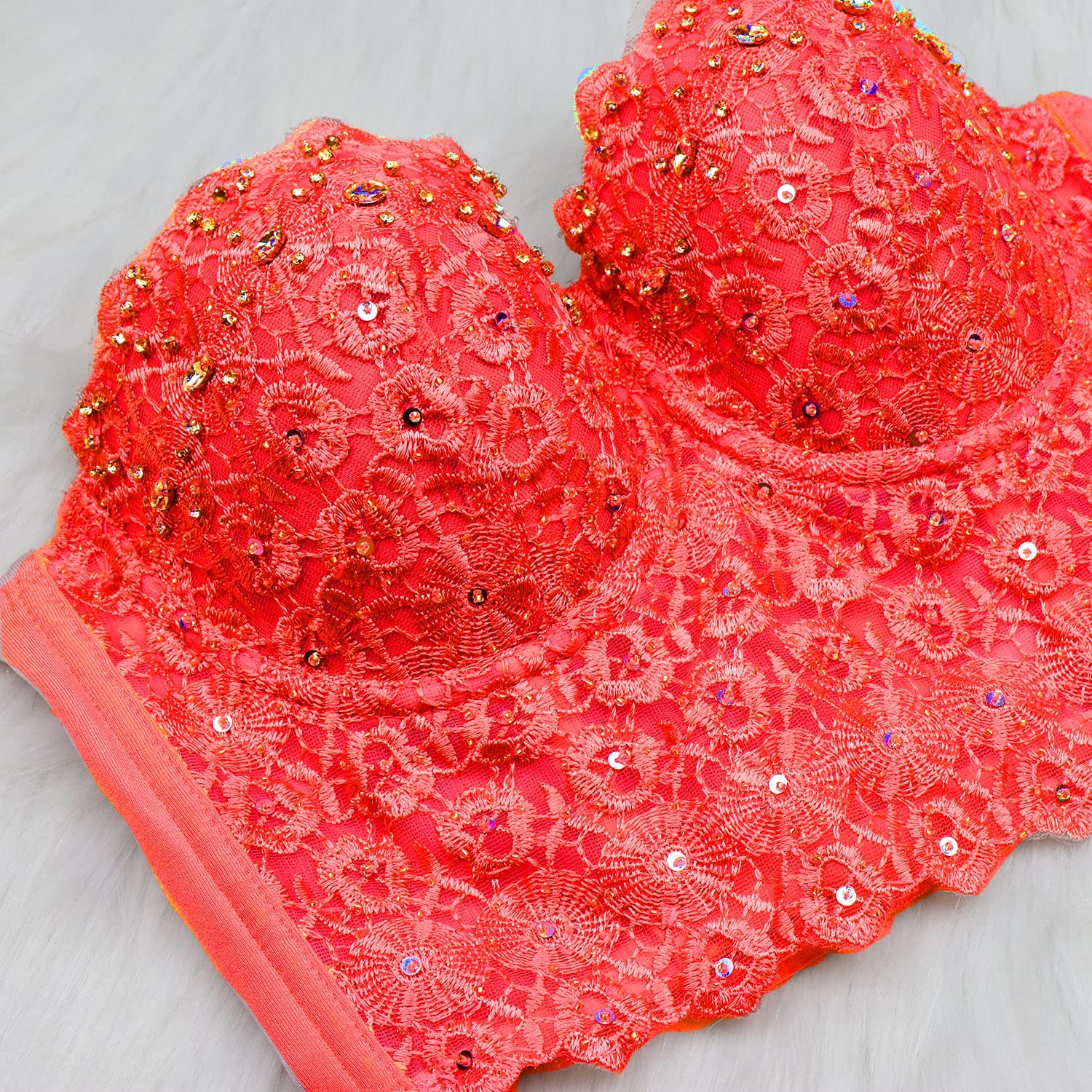 ELLACCI Women's Sexy Red Lace Rhinestone Bustier Crop Top - Mesh Corset Bra for Clubwear, Date Night & Boudoir Photography