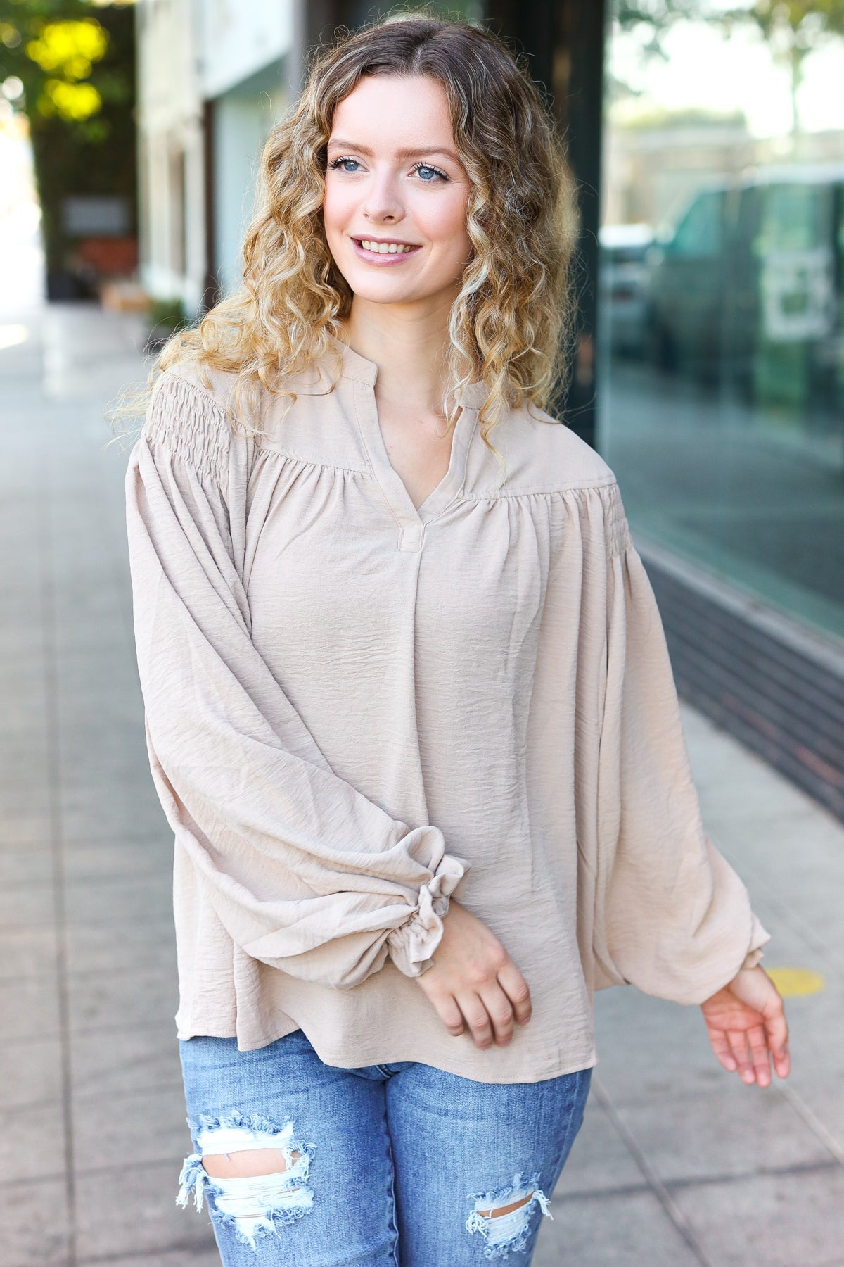 Boho Chic Taupe Smocked Bubble Sleeve Blouse with Notched Neckline - Perfect for Summer Festivals & Beach Vacations