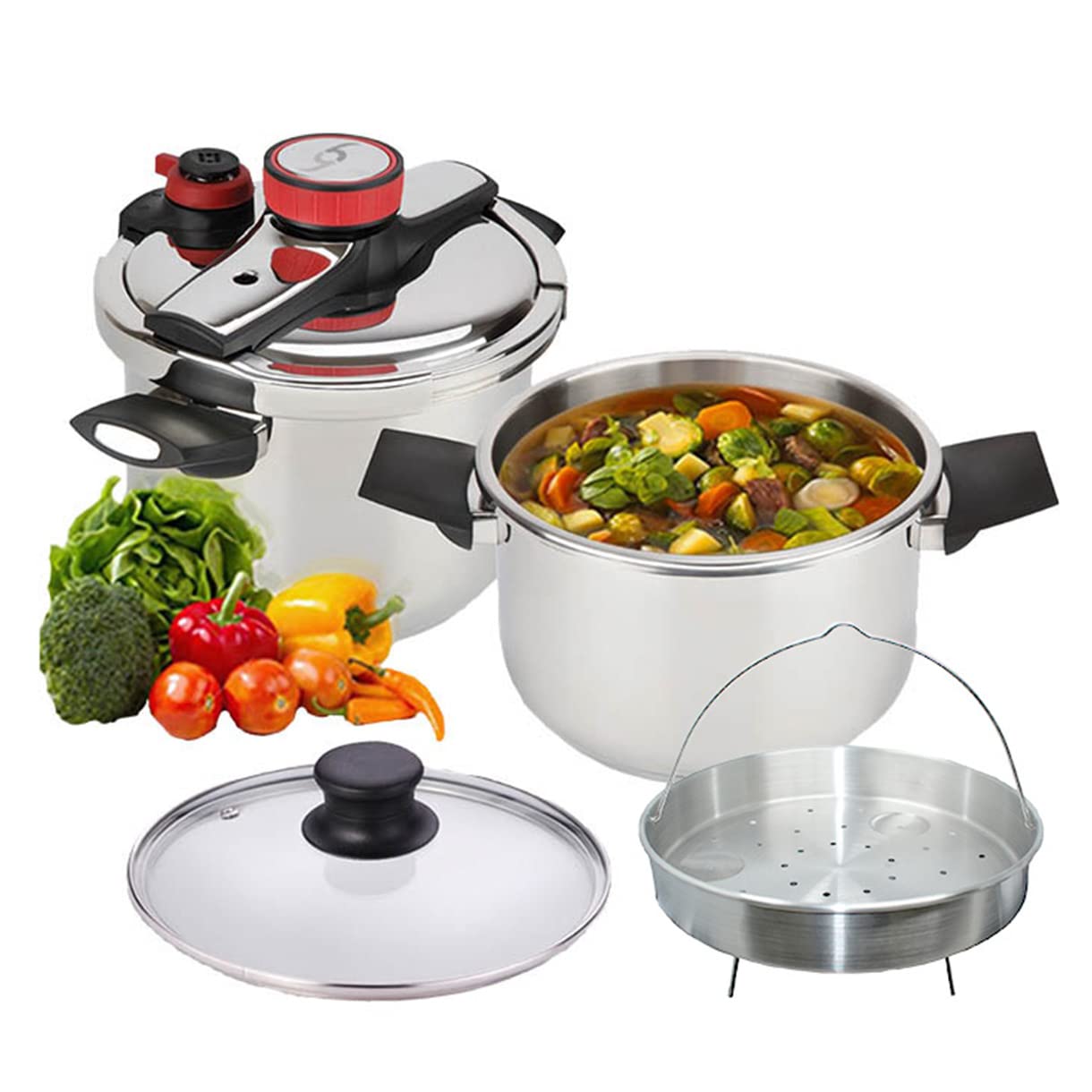 Bogner Stainless Steel Pressure Cooker - 5 Safety Valve System, 4.2 & 6.3 Quart Capacity with Glass Lid & Steamer - Compatible with All Stoves (Gas, Electric, Induction) - Perfect for Fast Cooking, Meal Prep & Healthy Eating