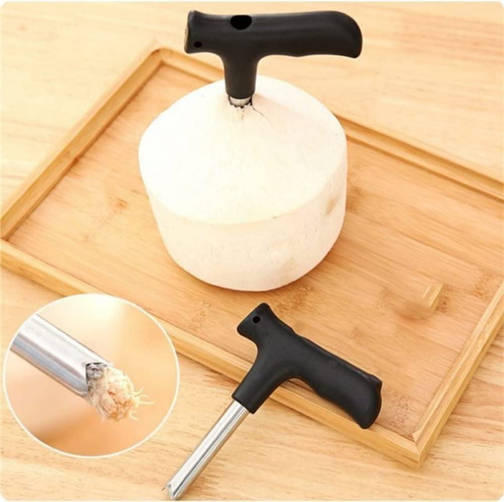2 Pack Stainless Steel Coconut Opener Tool - Easy Punch Tap Knife for Fresh Coconut Water with Straw Hole Maker (Black) - Perfect for Beach Parties, Tropical Drinks & Home Kitchen Use