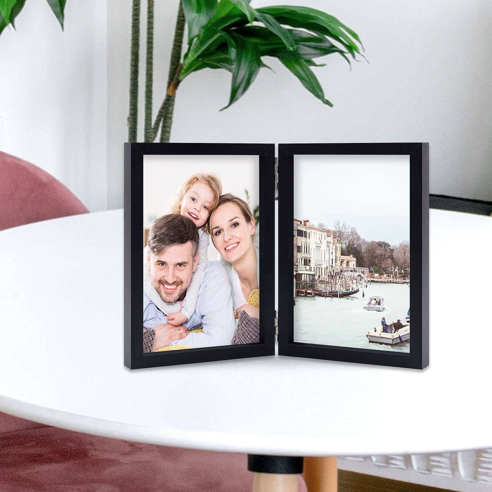 5x7 Double Picture Frames - Hinged MDF Wood with Real Glass - Tabletop Vertical Standing Photo Frame in Black - Perfect for Displaying Family Photos, Wedding Pictures, and Home Decor