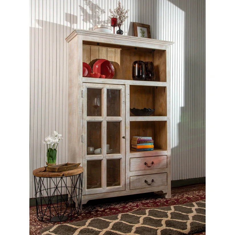 White Washed Wood and Glass Cabinet with Shelves - Modern Storage Solution for Living Room, Bedroom, or Office (1 in Stock)