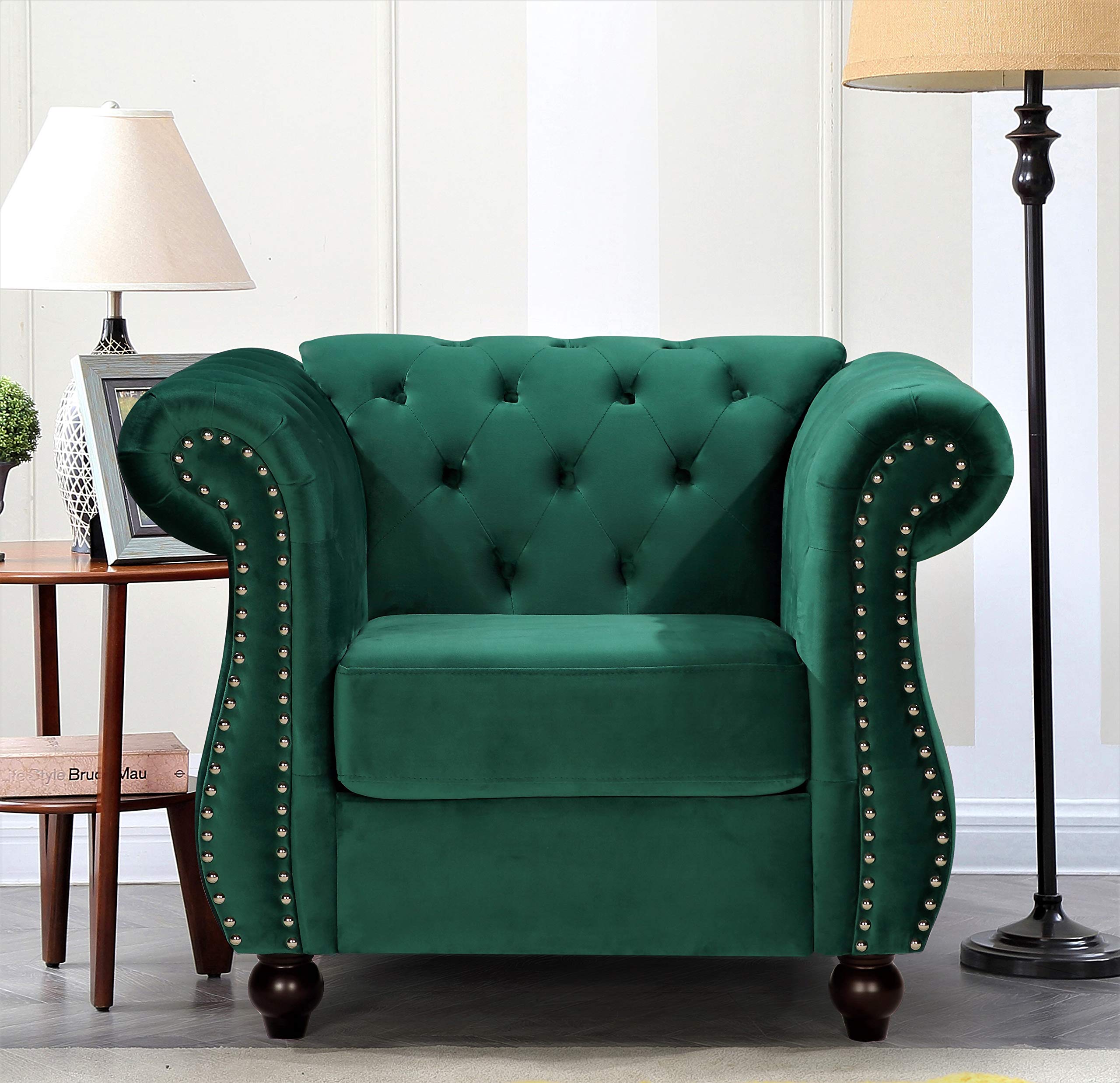Modern Velvet Chesterfield Sofa & Chair Set with Nailhead Trim, Diamond Tufting & Sturdy Metal Frame - Luxe Green Living Room Furniture for Elegant Home Decor | Perfect for Lounge, Office or Formal Sitting Areas