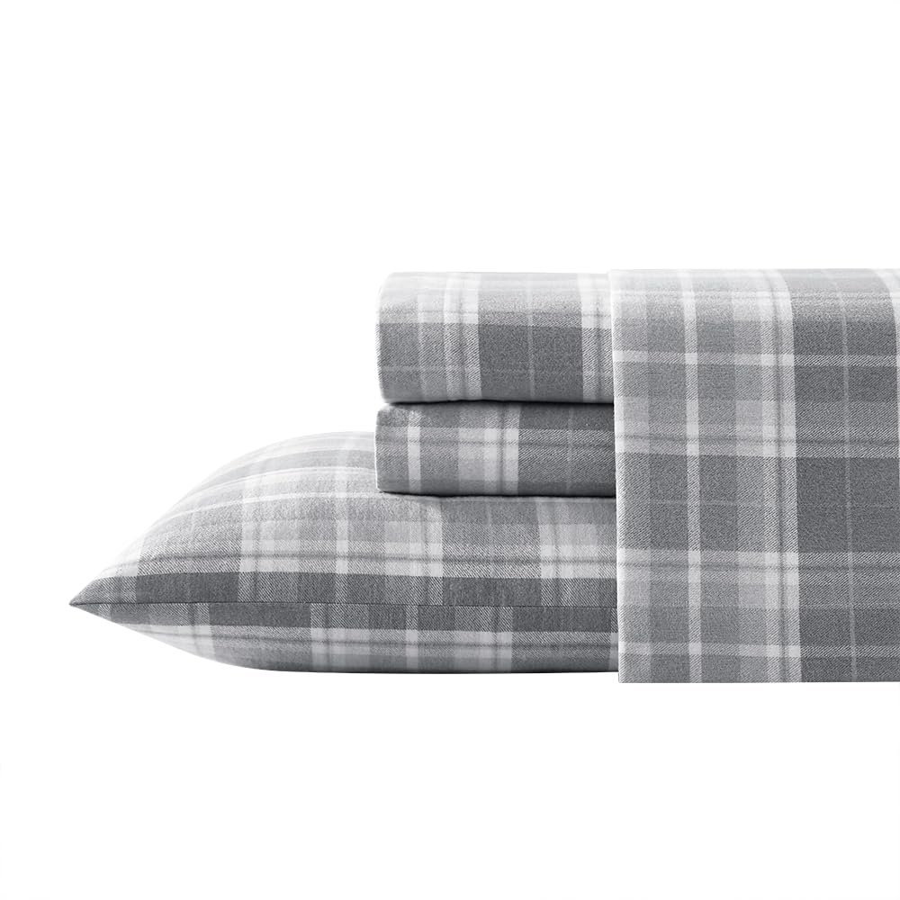 Laura Ashley King Sheet Set - 100% Cotton Flannel Bedding | Ultra Soft & Comfortable Brushed Fabric | Mulholland Plaid Grey | Perfect for Cozy Winter Nights & Cold Weather Bedding