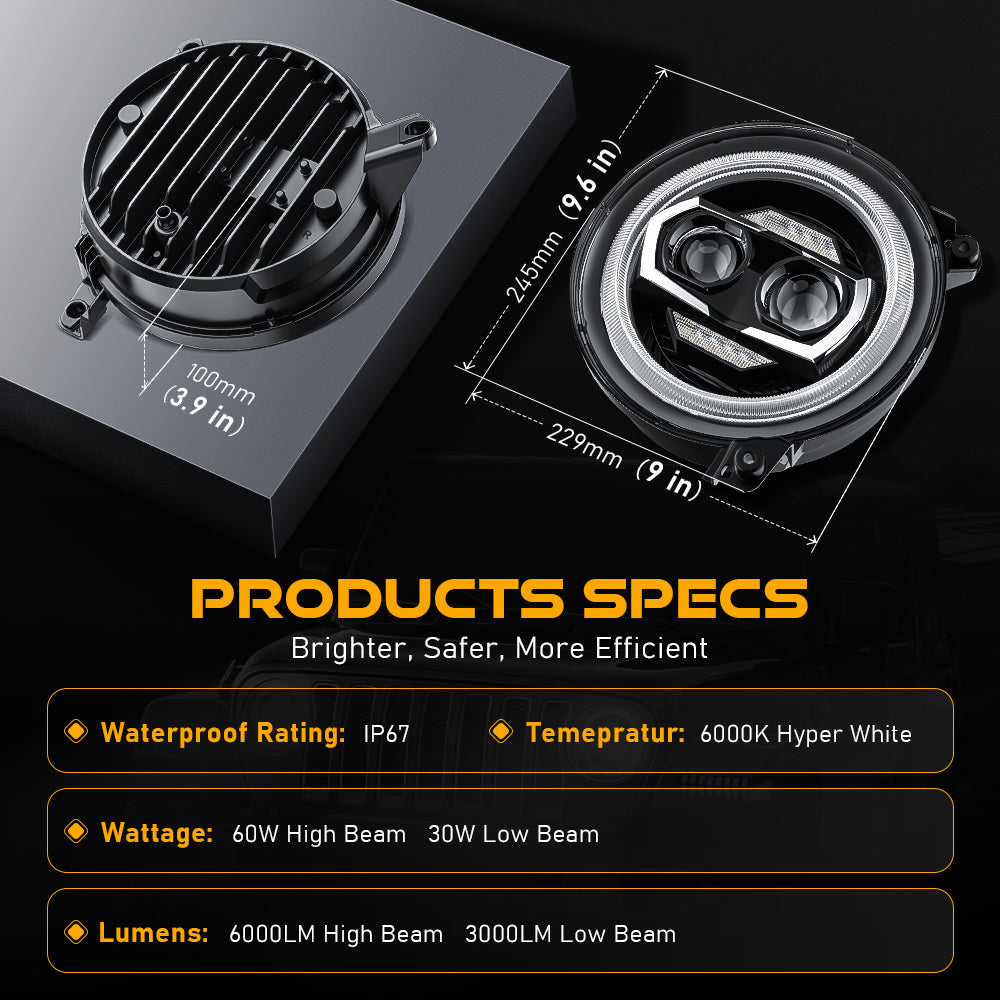 9 Inch Round LED Headlights for Jeep Wrangler JL & Gladiator JT (2018-2025) - High Performance Replacement Headlights for Off-Road & Night Driving