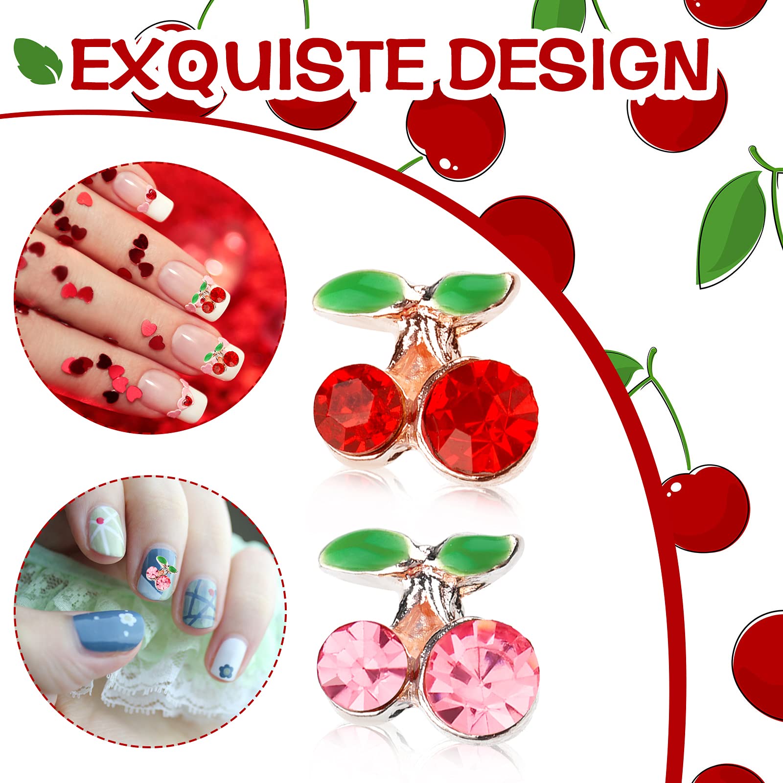 36 Pcs 3D Cherry Nail Charms - Shiny Rhinestone Gems & Glitter Studs for Nail Art (8x8mm, Red & Pink) | DIY Jewelry Making, Manicure Decorations, Gift for Women