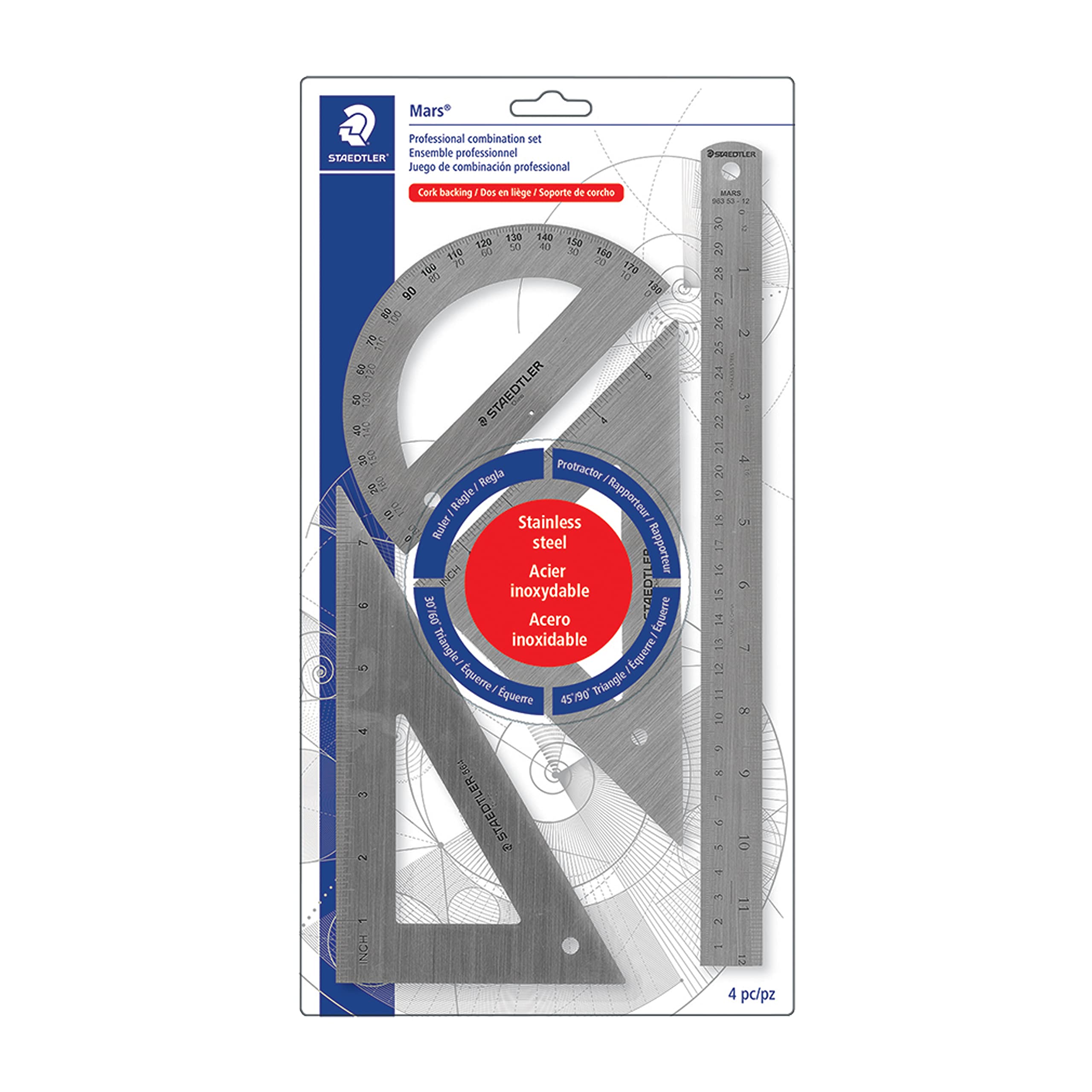 Staedtler 4-Piece Stainless Steel Math Set - Ruler, 2 Triangles, Protractor (566 32BK) for School, Office & Engineering Drawing
