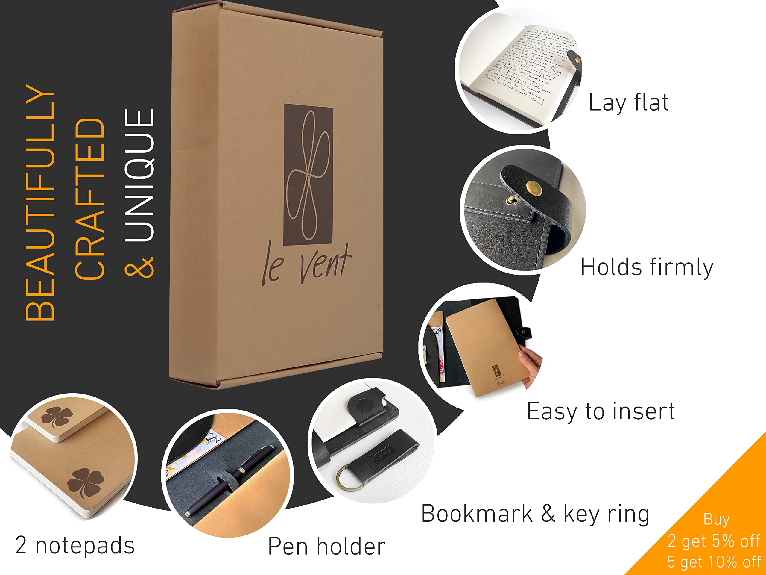 Premium Refillable Leather Journal - Genuine Black Leather Cover - 2 Lined & Blank A5 Notebooks (8x5 inches) - 400 Total Pages - Writing Journal for Study, Work & Note Taking - Perfect for Office, School & Travel Use