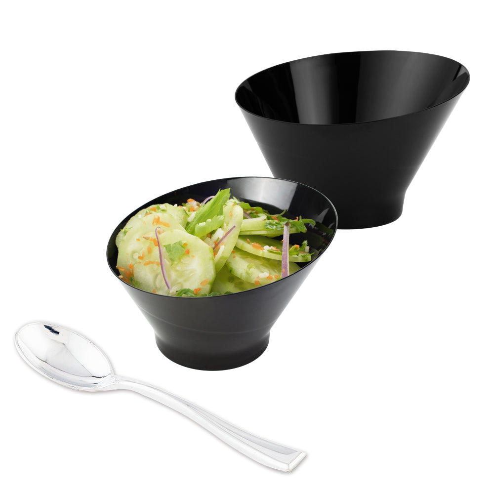 100 Pack 5 oz Round Black Plastic Small Incline Bowls with 100 Silver Plastic Mini Spoons - Perfect for Party Serving, Dessert Dishes, and Catering Events
