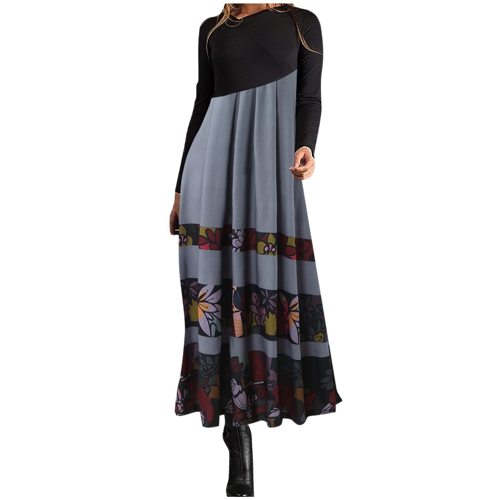 BOOBILY Women's Elegant Floral Print Long Dress with Stitching Details - Autumn Winter Hijab Dress for Casual Wear, Office, Parties & Special Occasions
