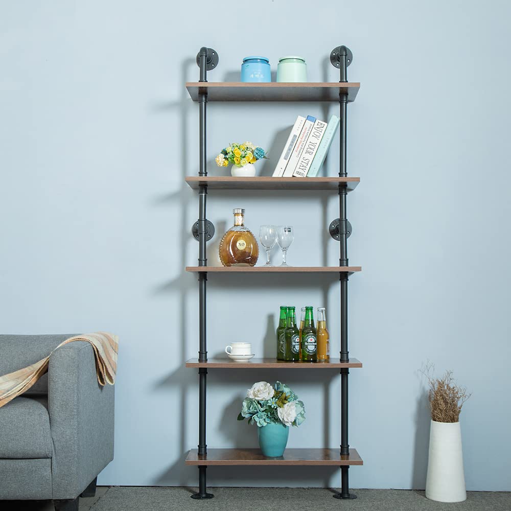 ZIOTHUM 5-Tier 67-Inch Industrial Pipe Shelving Unit - Heavy Duty Rustic Black Metal Shelves for Garage, Basement & Warehouse Storage (Perfect for Organizing Tools, Books & Home Decor)