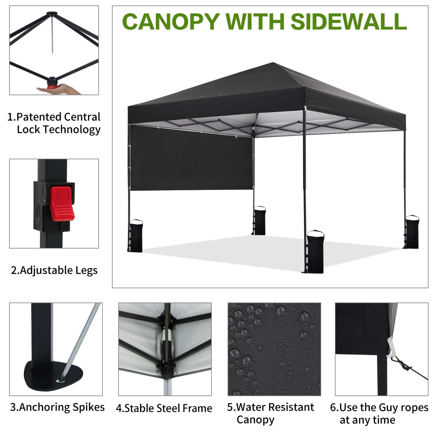 10'x10' Pop Up Canopy Tent with Half Sidewall - Easy 1-Person Setup Instant Shade Shelter for Outdoor Events, Beach, Camping & Parties - Includes Wheeled Carry Bag, Stakes, 4 Ropes & 4 Sandbags (Black) - Perfect for Backyard BBQs, Tailgating & Farmers Markets