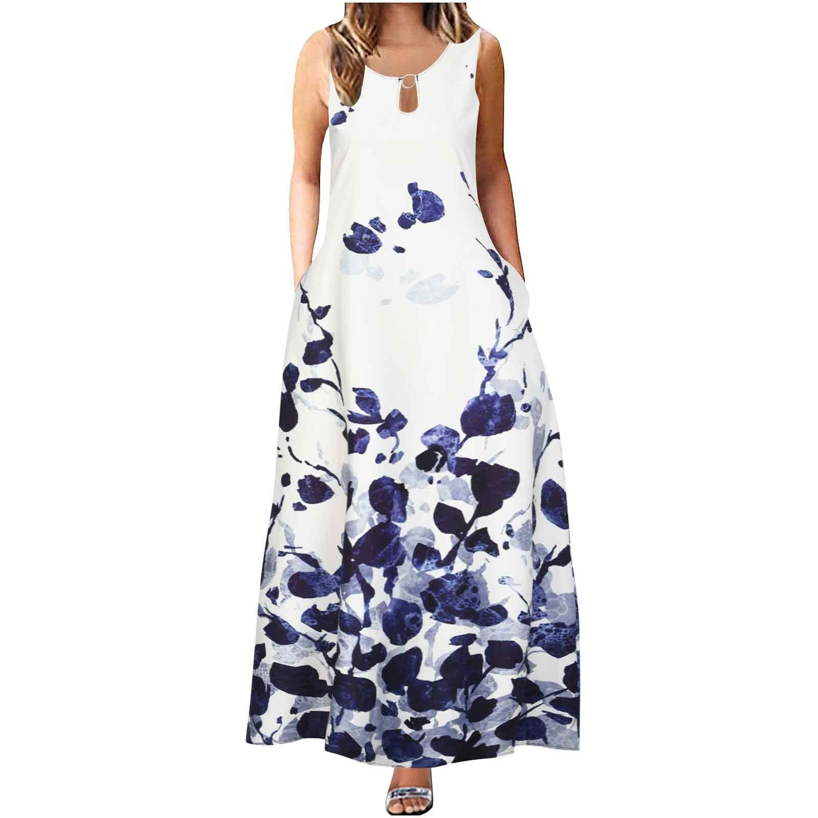 Women's Summer Maxi Dress with Pockets - Sexy Sleeveless Round Neck Floral Print Vintage Swing Dress - Casual Beachwear, Wedding Guest Outfit & Vacation Dress
