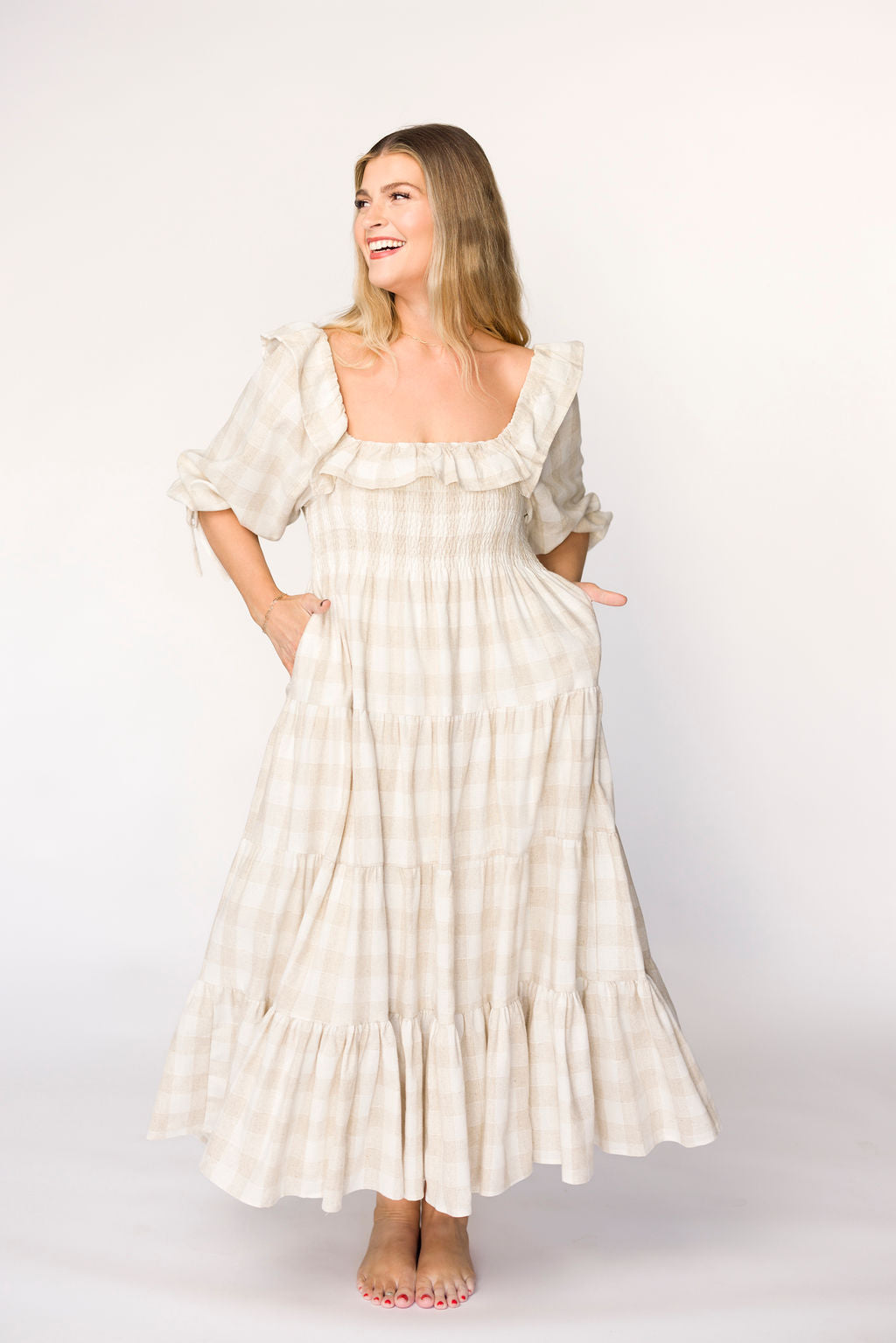 Clea Dress in Natural Plaid - Bump Friendly Maternity Dress for Women | Comfortable & Stylish Pregnancy Outfit for Work, Parties & Everyday Wear