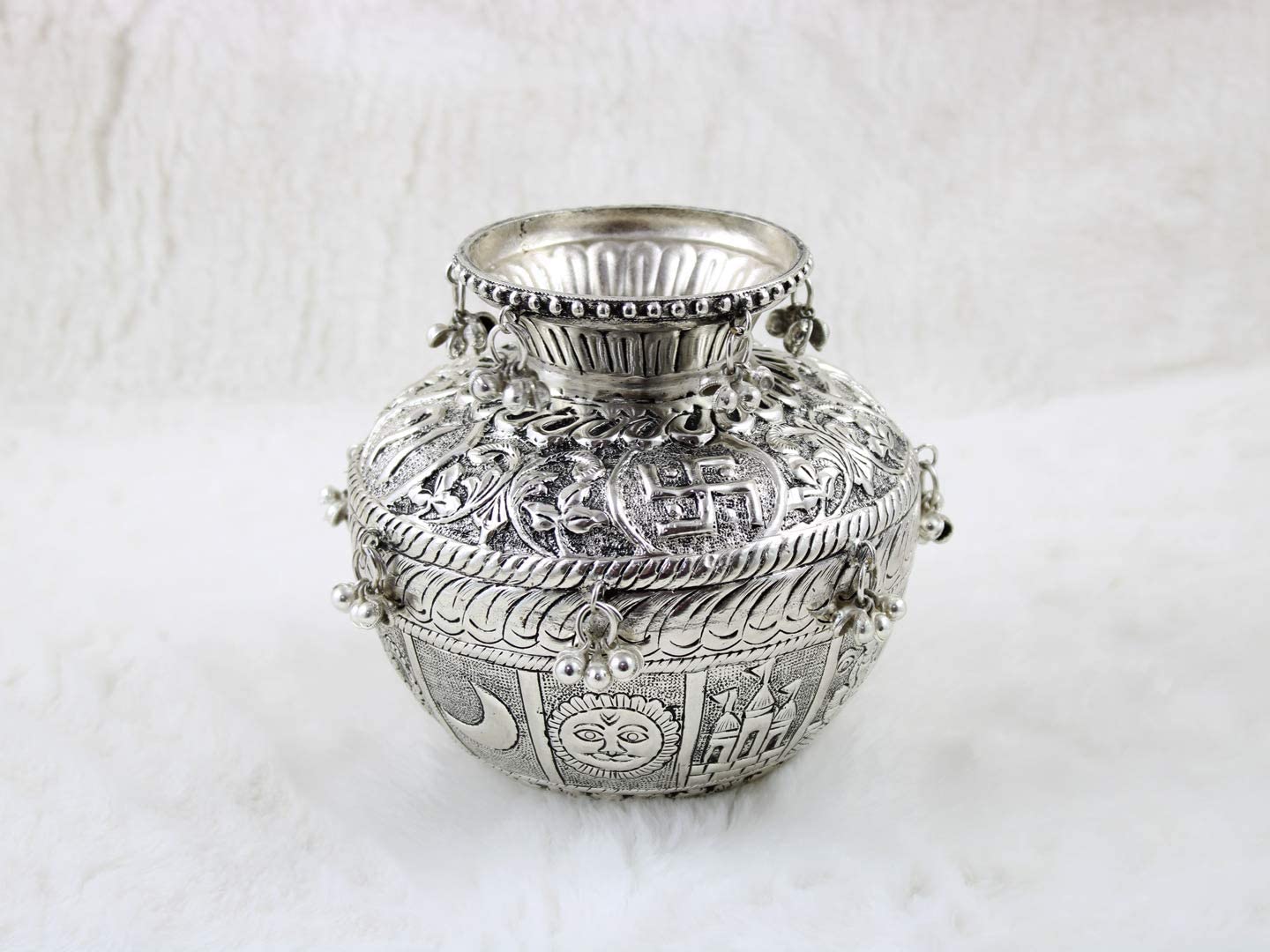 Oxidized Nakshi Pooja Kalash Thali Set - Silver Plated Indian Prayer Items for Home Temple | Housewarming & Wedding Gift | Spiritual Decor for Diwali, Puja Ceremonies & Festivals