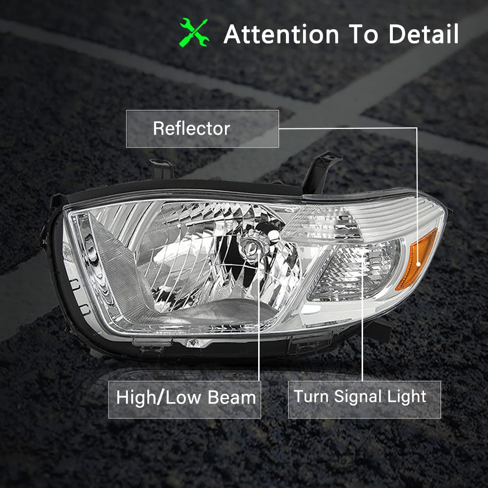BRYGHT Headlight Assembly Replacement for 2008-2010 Toyota Highlander - Left & Right Side (Driver & Passenger) - Durable LED Headlights with Clear Lens - Perfect for Night Driving and Off-Road Adventures