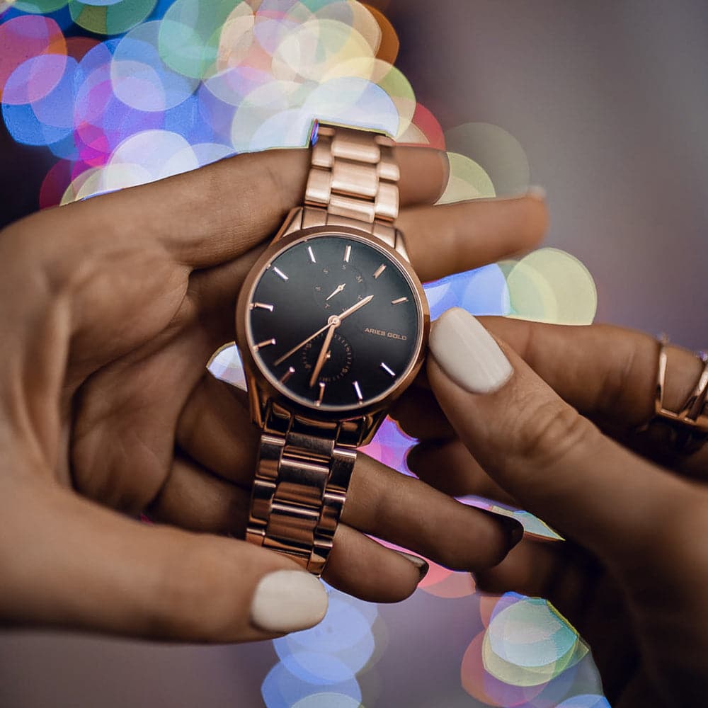 ARIES GOLD ENCHANT LIBERTY Rose Gold Stainless Steel Women's Watch L 5031 RG BK - Elegant Timepiece for Business, Party & Everyday Wear