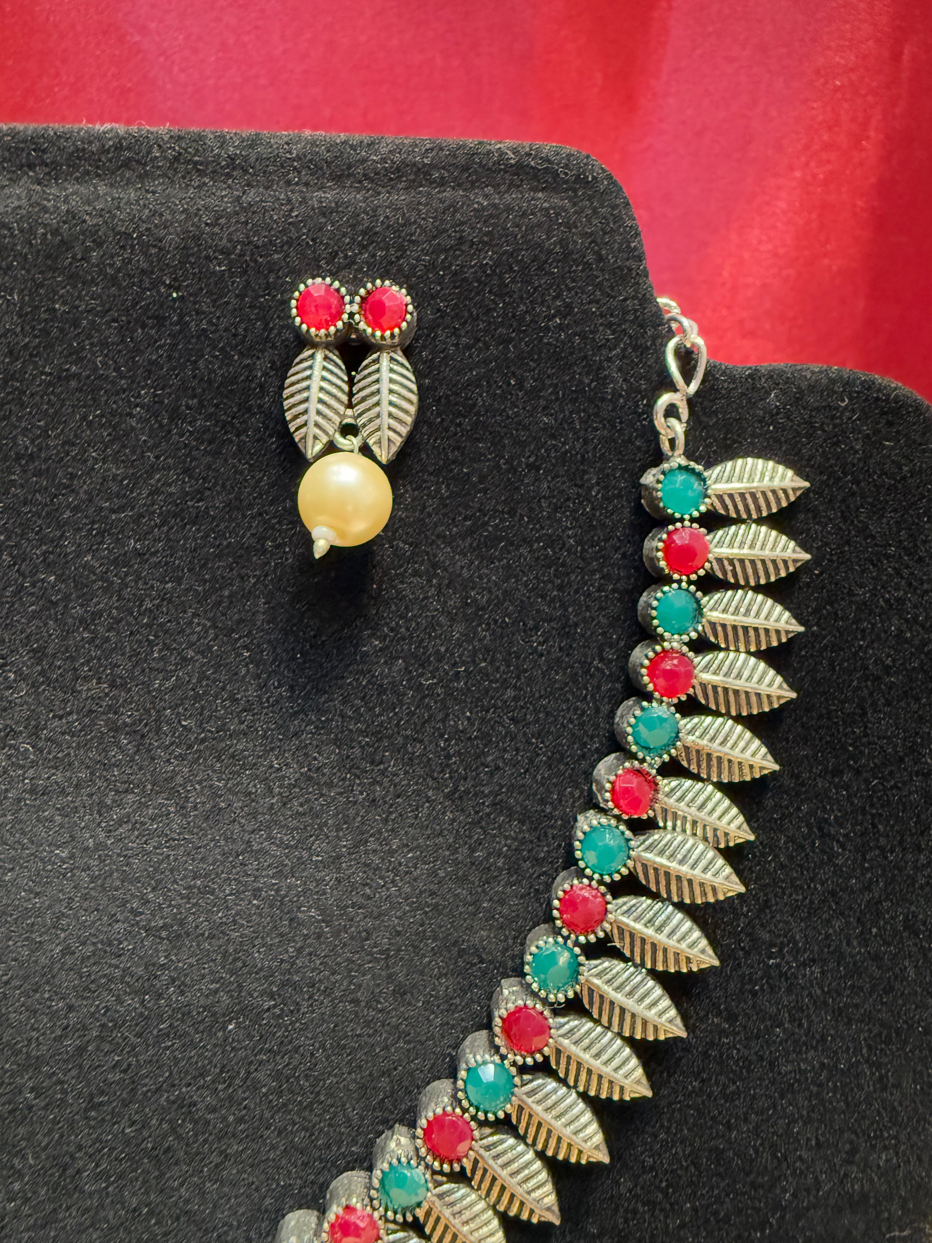 Elegant Multicolor Oxidized Leaf Shaped Necklace & Earrings Set - Perfect for Boho Fashion, Wedding Jewelry & Everyday Wear