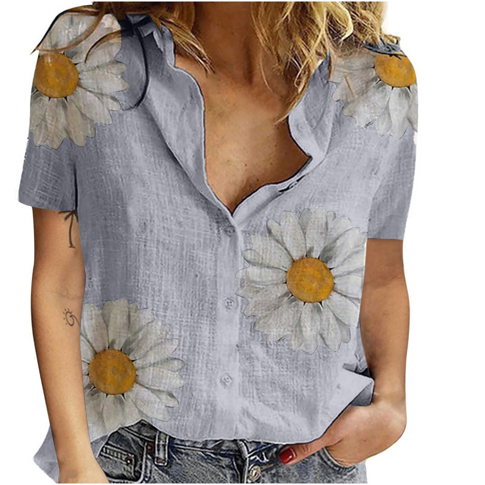 Women's Summer Button Down Shirts 2022 - Casual & Dressy Short Sleeve Blouses with Sunflower Graphic, Trendy Loose Fit Tops for Work, Beach & Everyday Wear